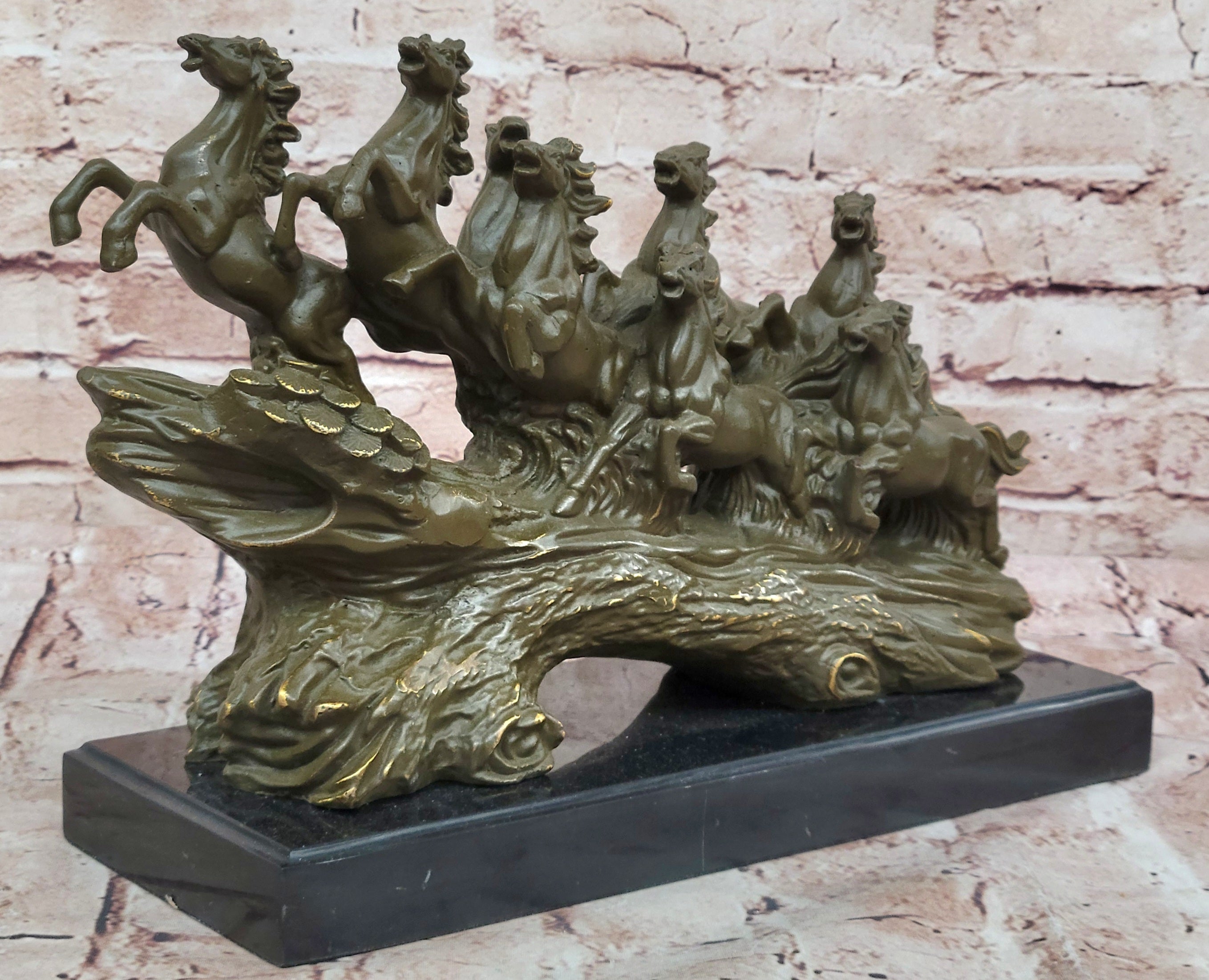 Eight Galloping Horses Bronze Sculpture on Marble Base Signed M. Lopez