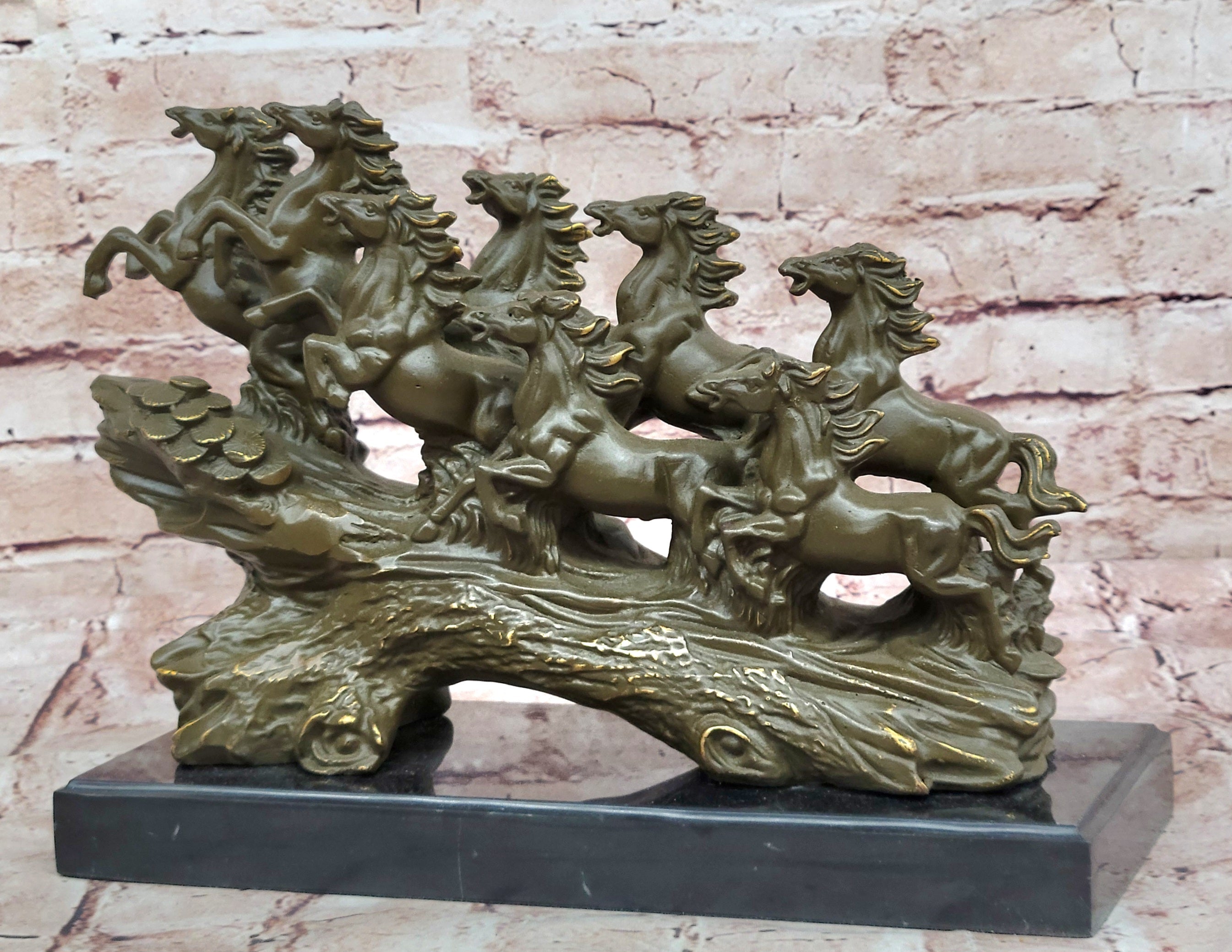 Eight Galloping Horses Bronze Sculpture on Marble Base Signed M. Lopez