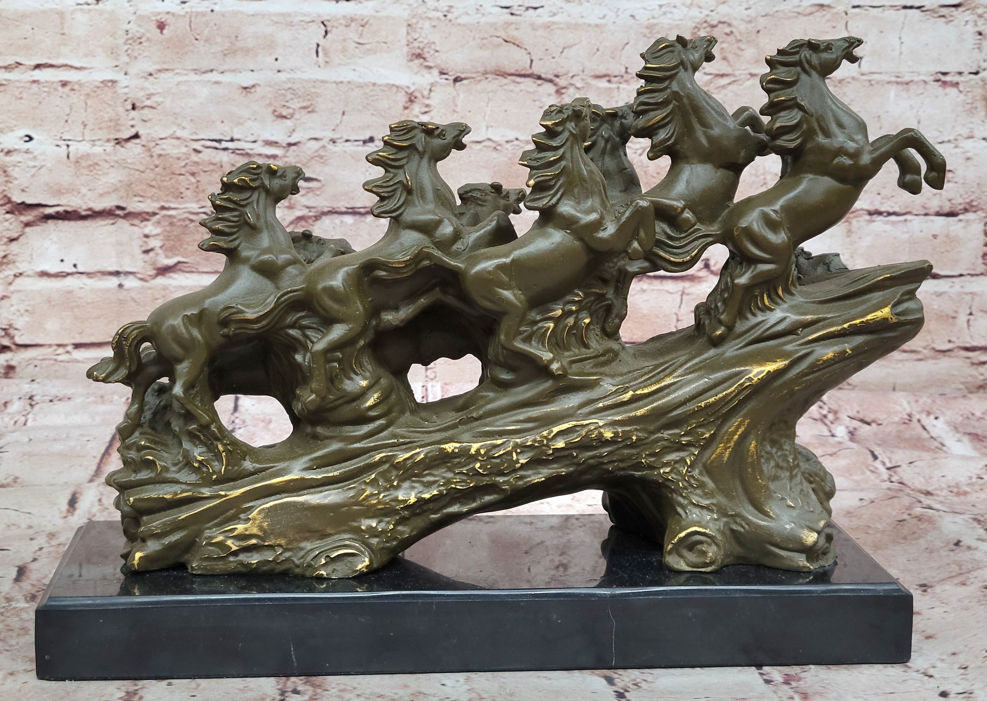 Eight Galloping Horses Bronze Sculpture on Marble Base Signed M. Lopez