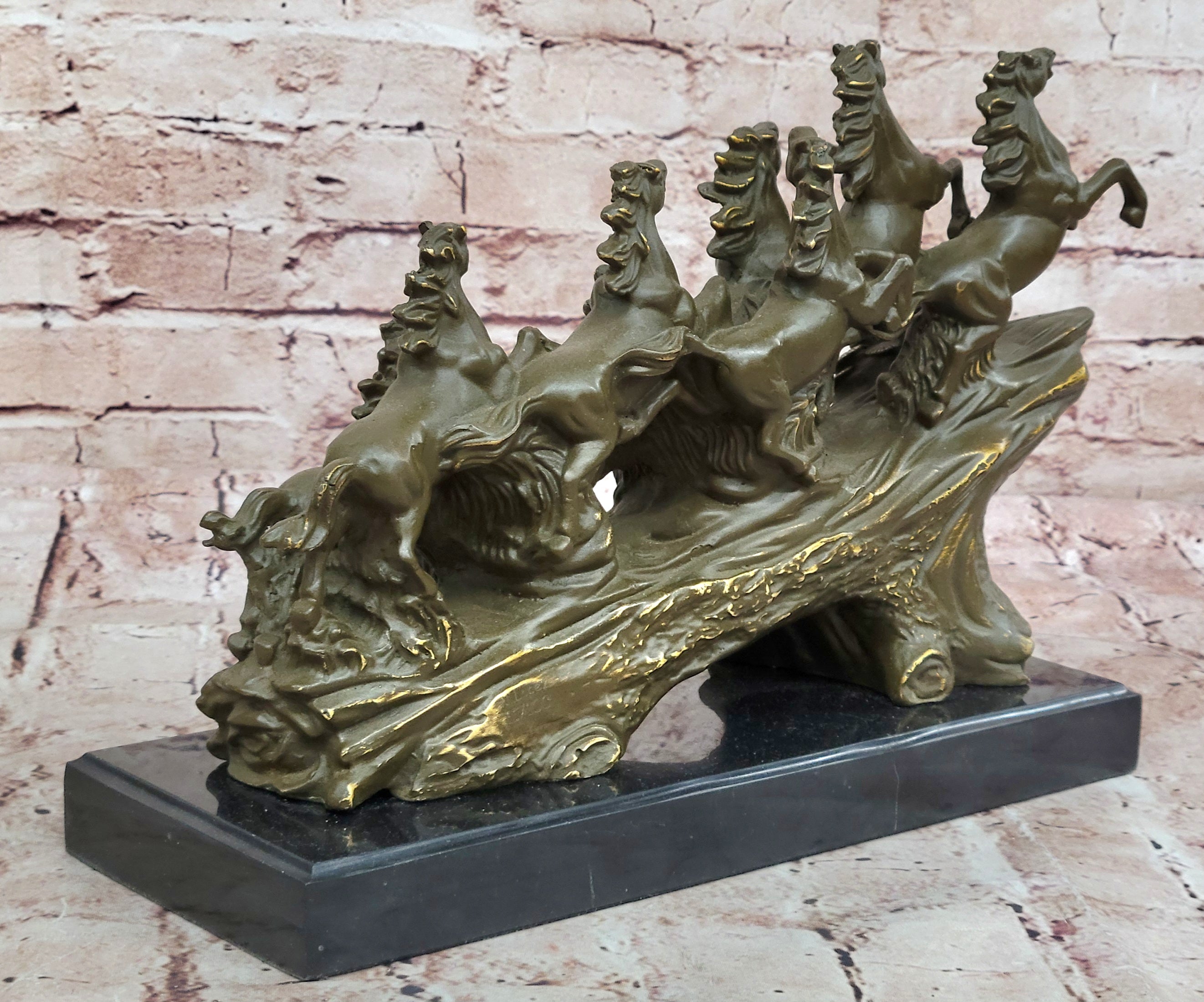 Eight Galloping Horses Bronze Sculpture on Marble Base Signed M. Lopez