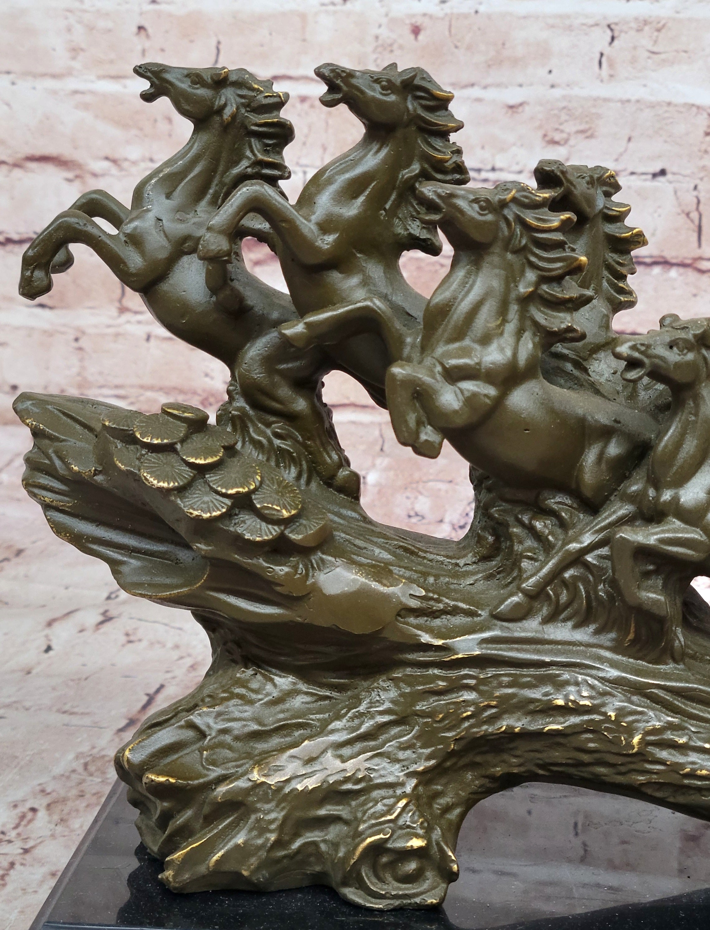 Eight Galloping Horses Bronze Sculpture on Marble Base Signed M. Lopez