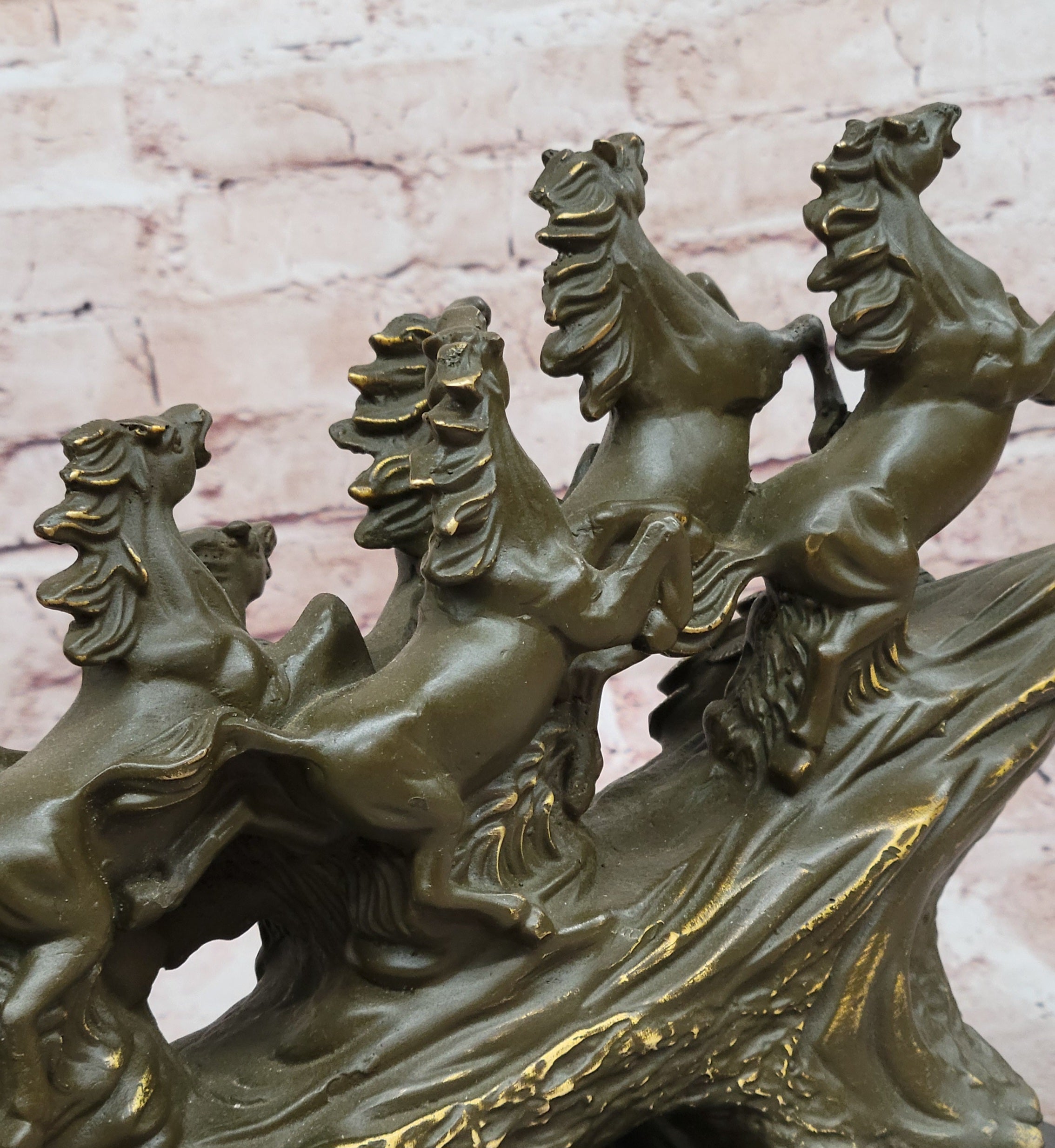 Eight Galloping Horses Bronze Sculpture on Marble Base Signed M. Lopez