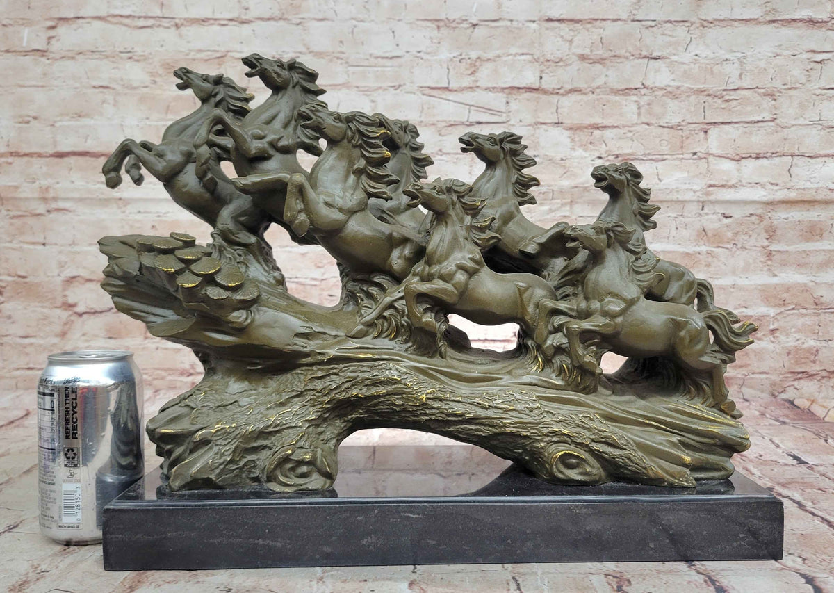Eight Running Horses Bronze Sculpture on Marble Base by Milo
