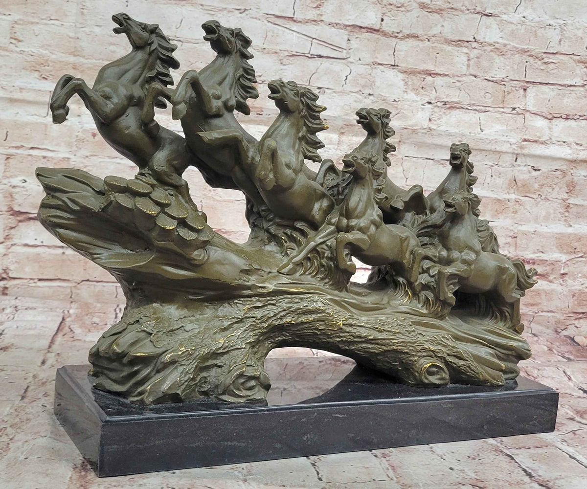 Eight Running Horses Bronze Sculpture on Marble Base by Milo