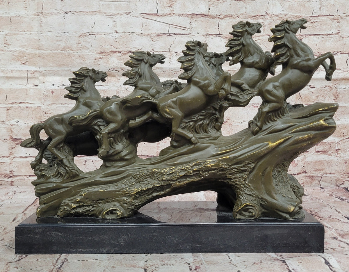Eight Running Horses Bronze Sculpture on Marble Base by Milo