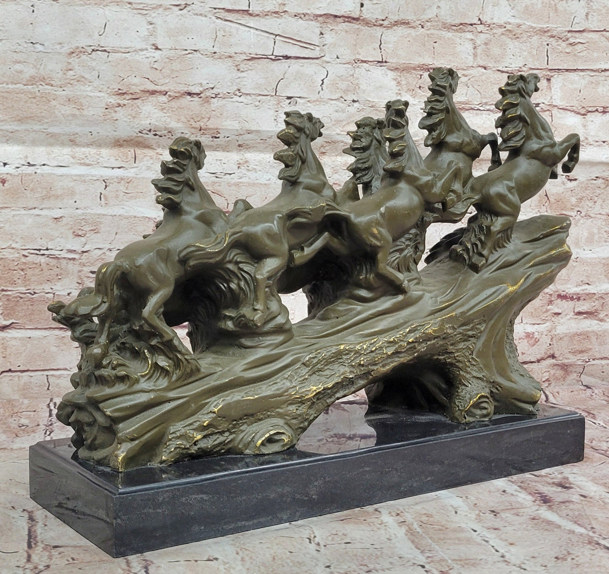 Eight Running Horses Bronze Sculpture on Marble Base by Milo
