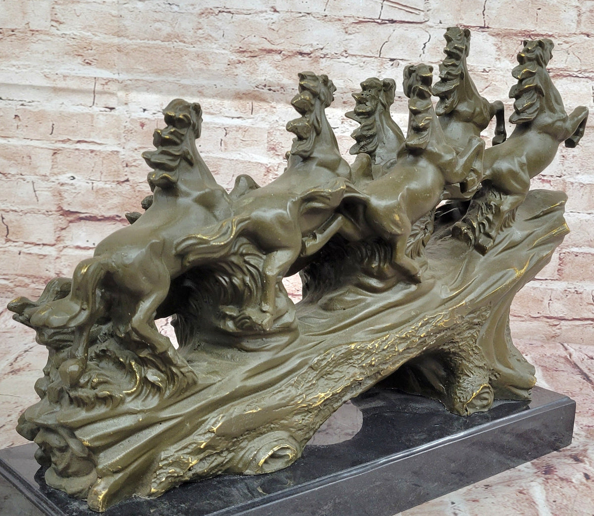 Eight Running Horses Bronze Sculpture on Marble Base by Milo