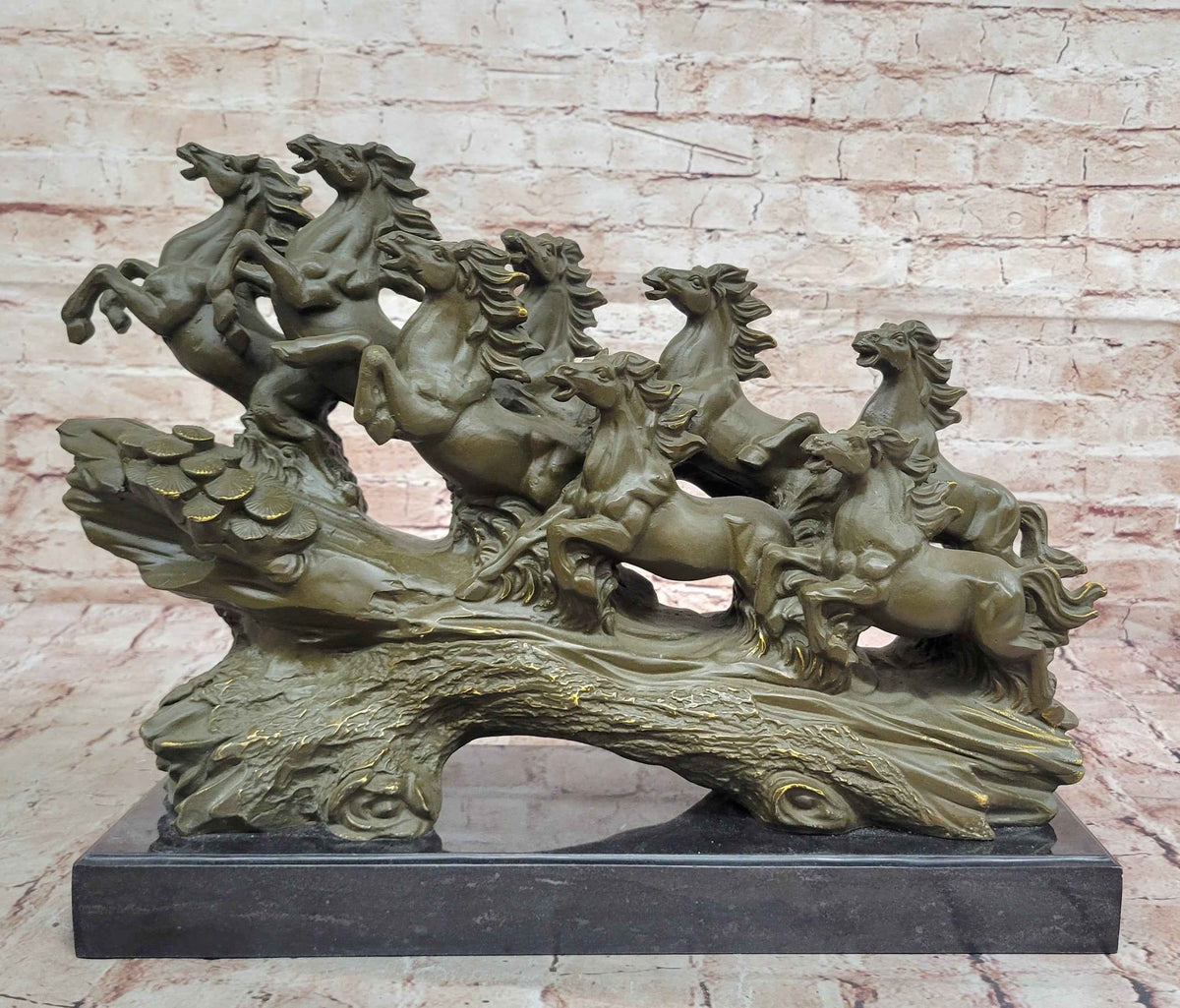 Eight Running Horses Bronze Sculpture on Marble Base by Milo