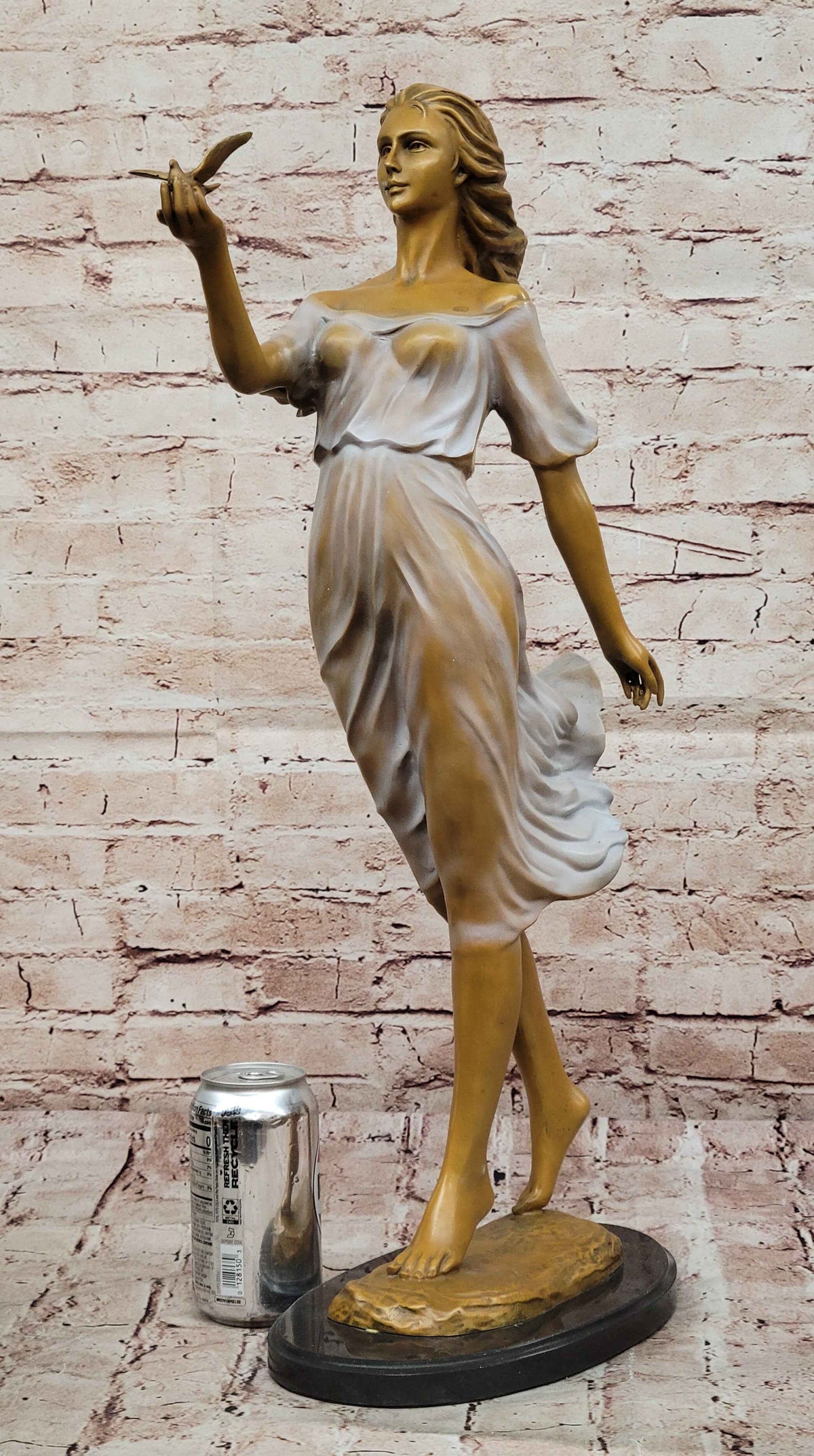 Bronze Woman with Bird Sculpture Statue – Flowing Dress Figurine