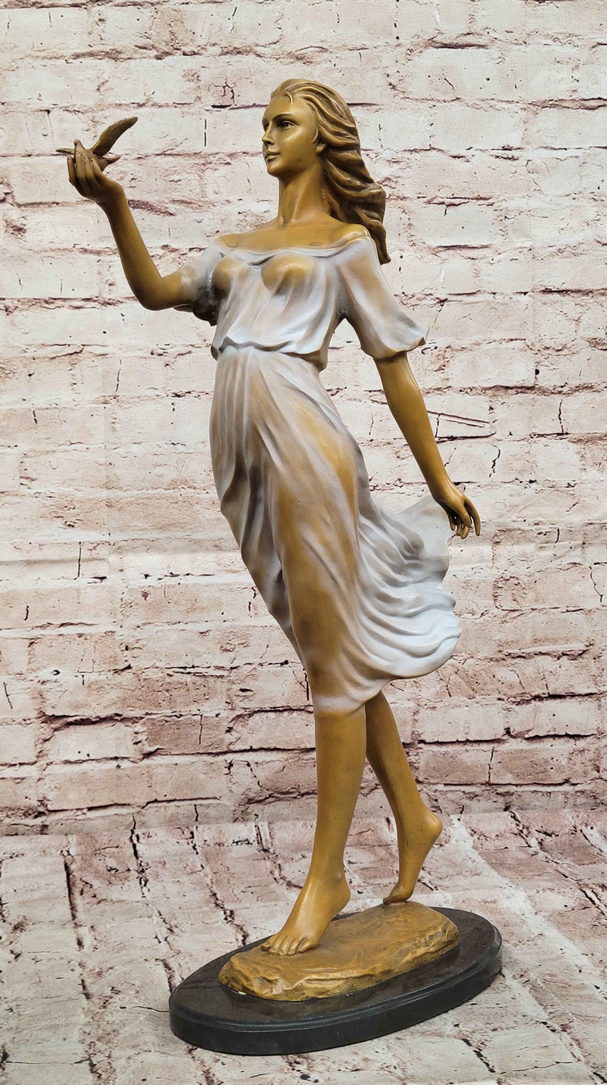 Bronze Woman with Bird Sculpture Statue – Flowing Dress Figurine
