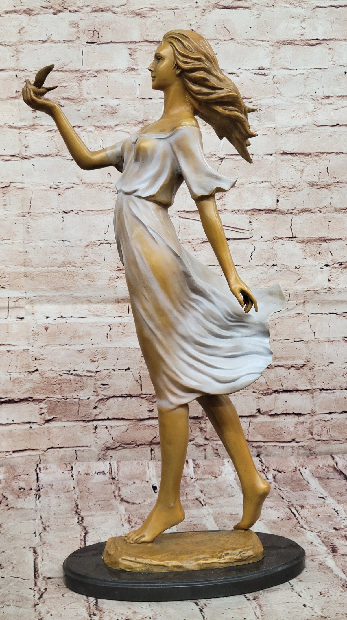 Bronze Woman with Bird Sculpture Statue – Flowing Dress Figurine