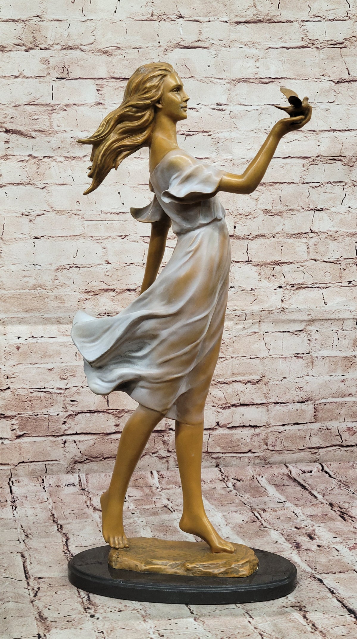 Bronze Woman with Bird Sculpture Statue – Flowing Dress Figurine
