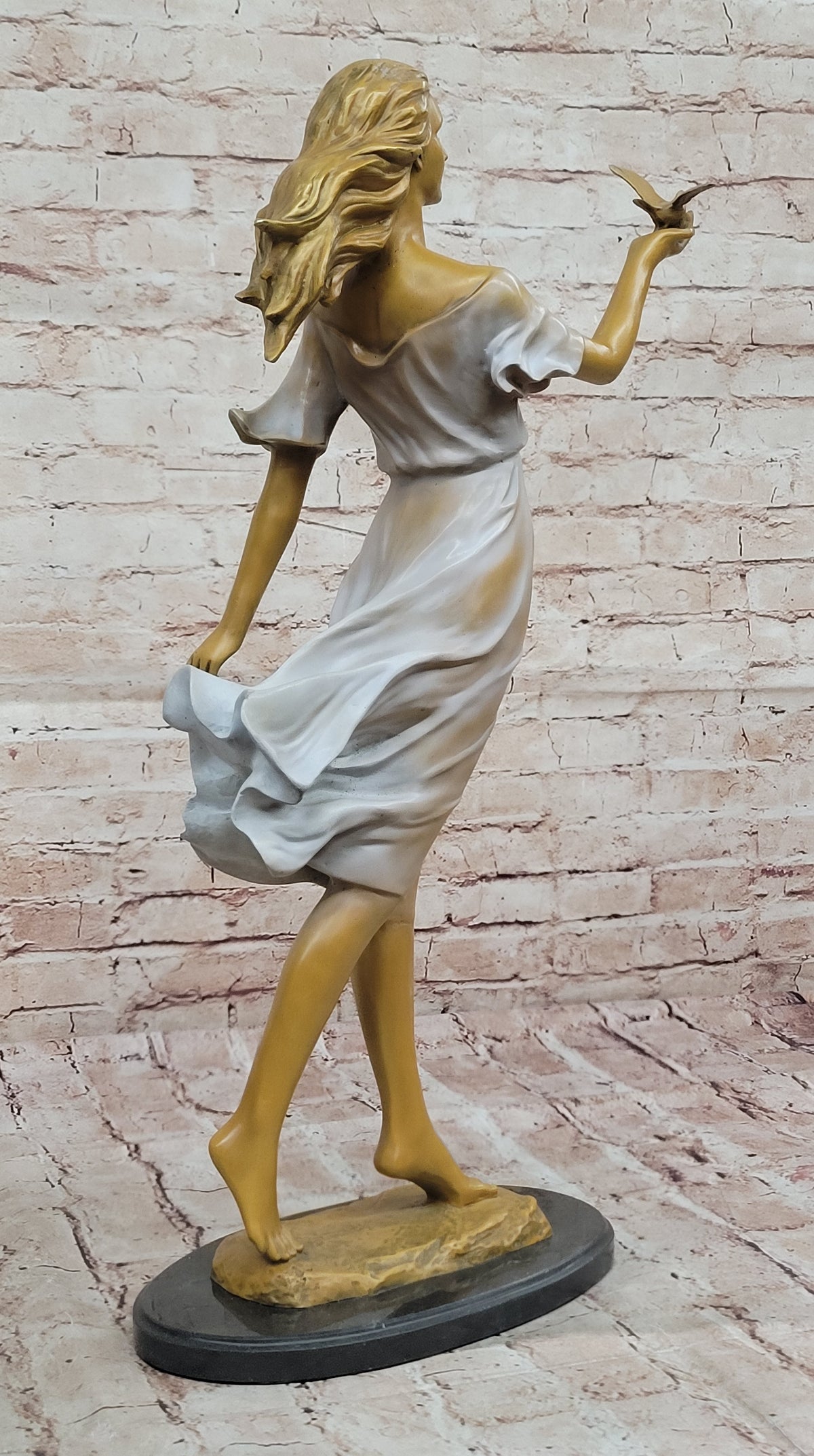 Bronze Woman with Bird Sculpture Statue – Flowing Dress Figurine