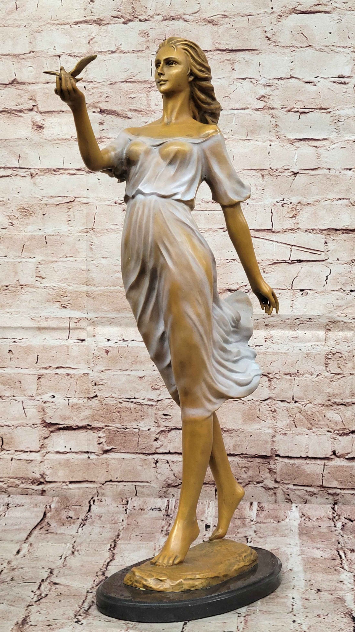 Bronze Woman with Bird Sculpture Statue – Flowing Dress Figurine