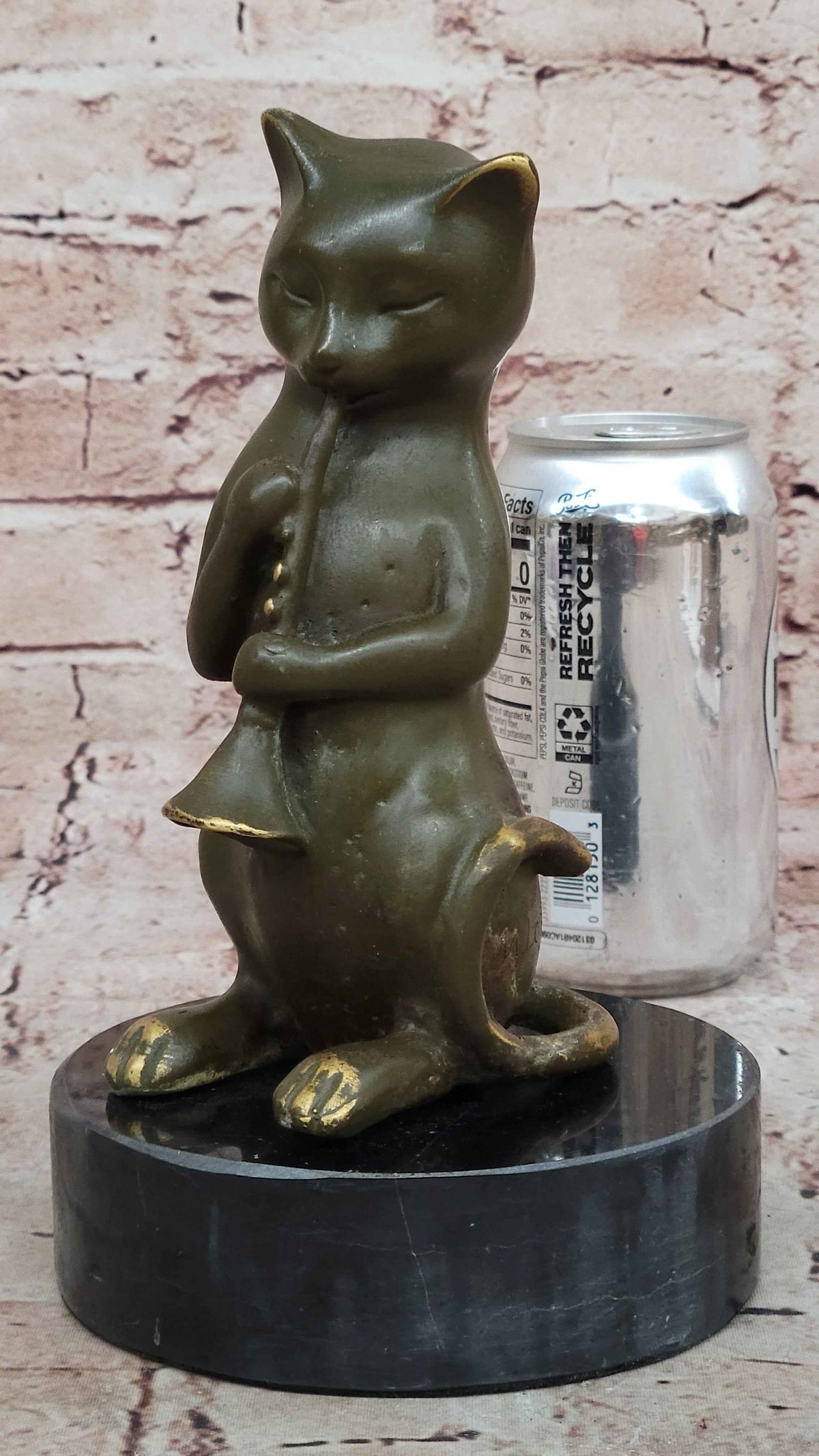 Whimsical Cat Playing Clarinet Bronze Sculpture on Marble Base
