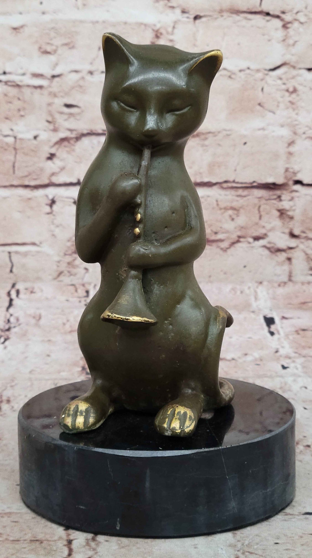 Whimsical Cat Playing Clarinet Bronze Sculpture on Marble Base
