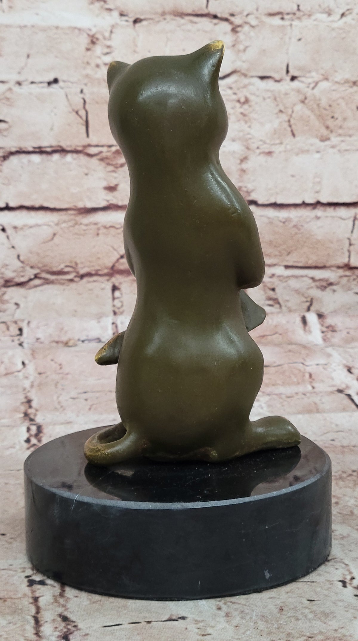 Whimsical Cat Playing Clarinet Bronze Sculpture on Marble Base