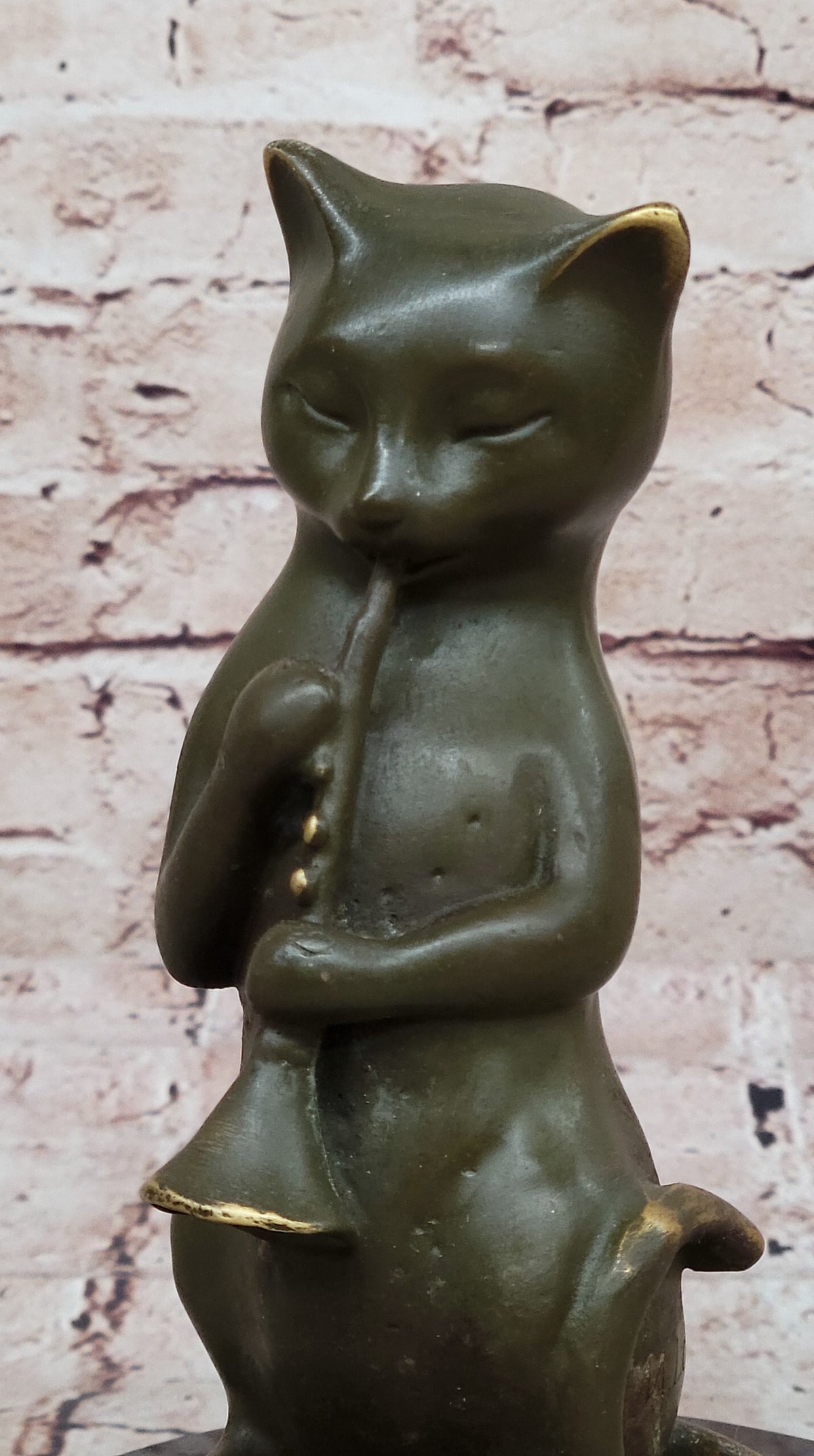 Whimsical Cat Playing Clarinet Bronze Sculpture on Marble Base