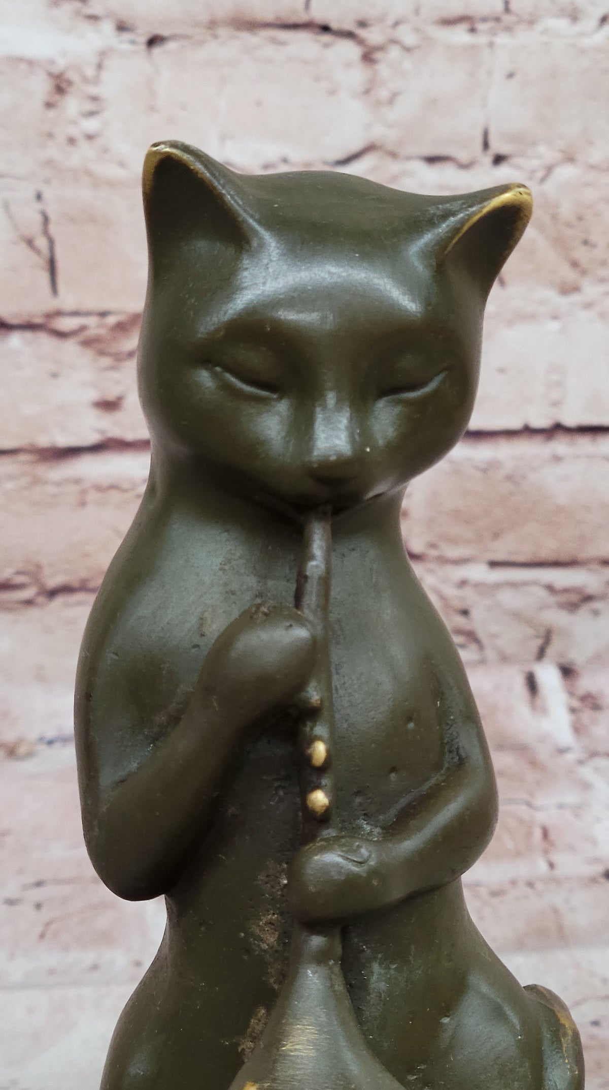 Whimsical Cat Playing Clarinet Bronze Sculpture on Marble Base
