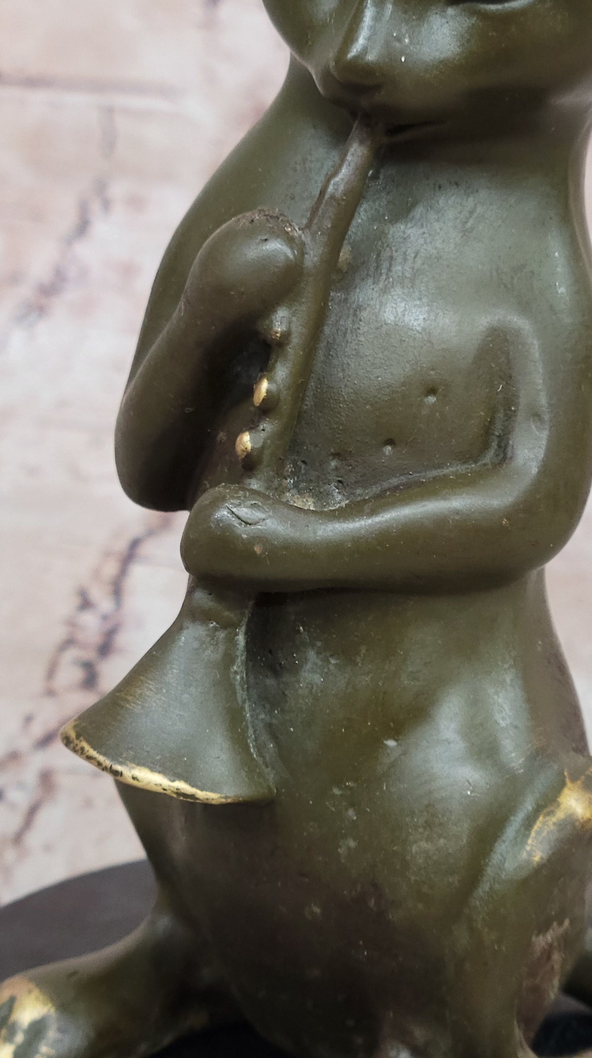 Whimsical Cat Playing Clarinet Bronze Sculpture on Marble Base