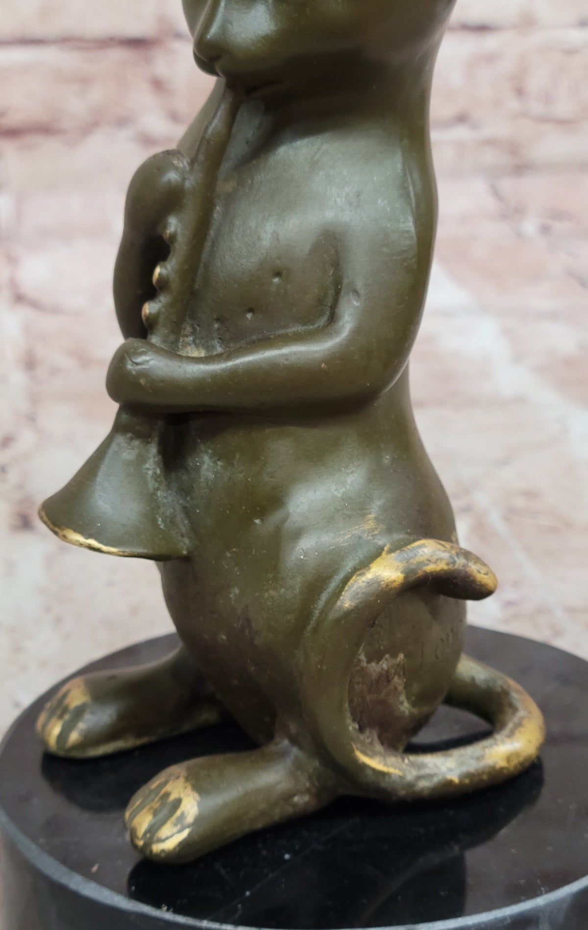 Whimsical Cat Playing Clarinet Bronze Sculpture on Marble Base