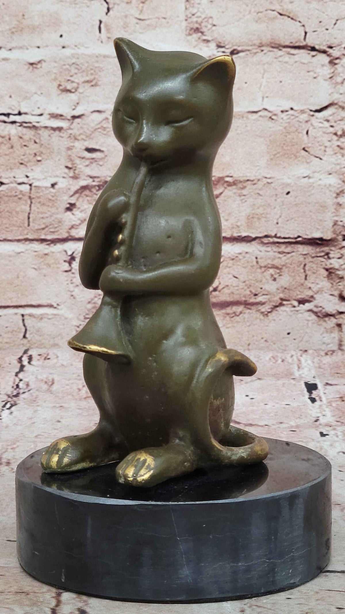 Whimsical Cat Playing Clarinet Bronze Sculpture on Marble Base