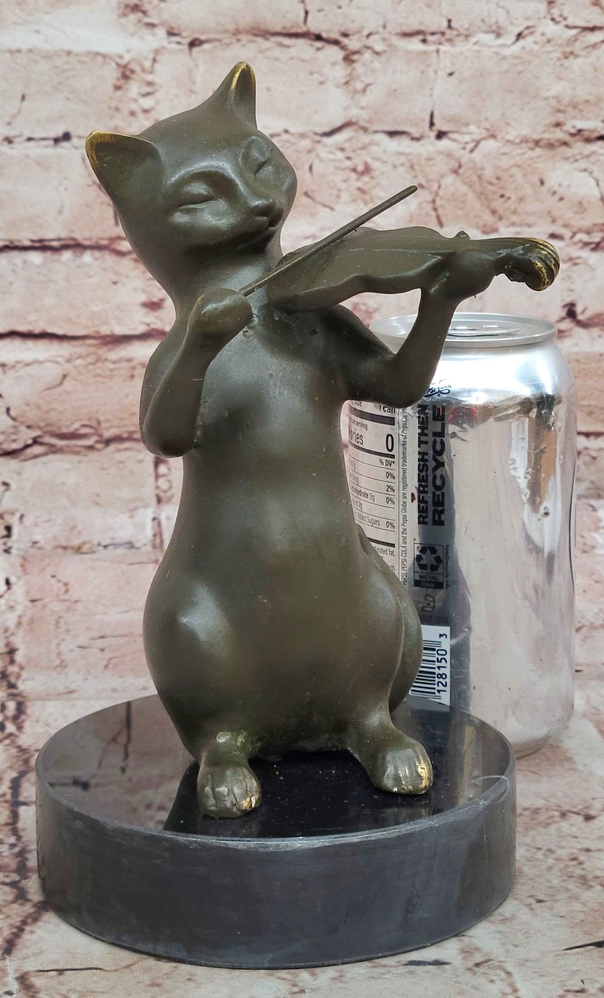 Bronze Cat Playing Violin – Musical Feline Statue on Marble