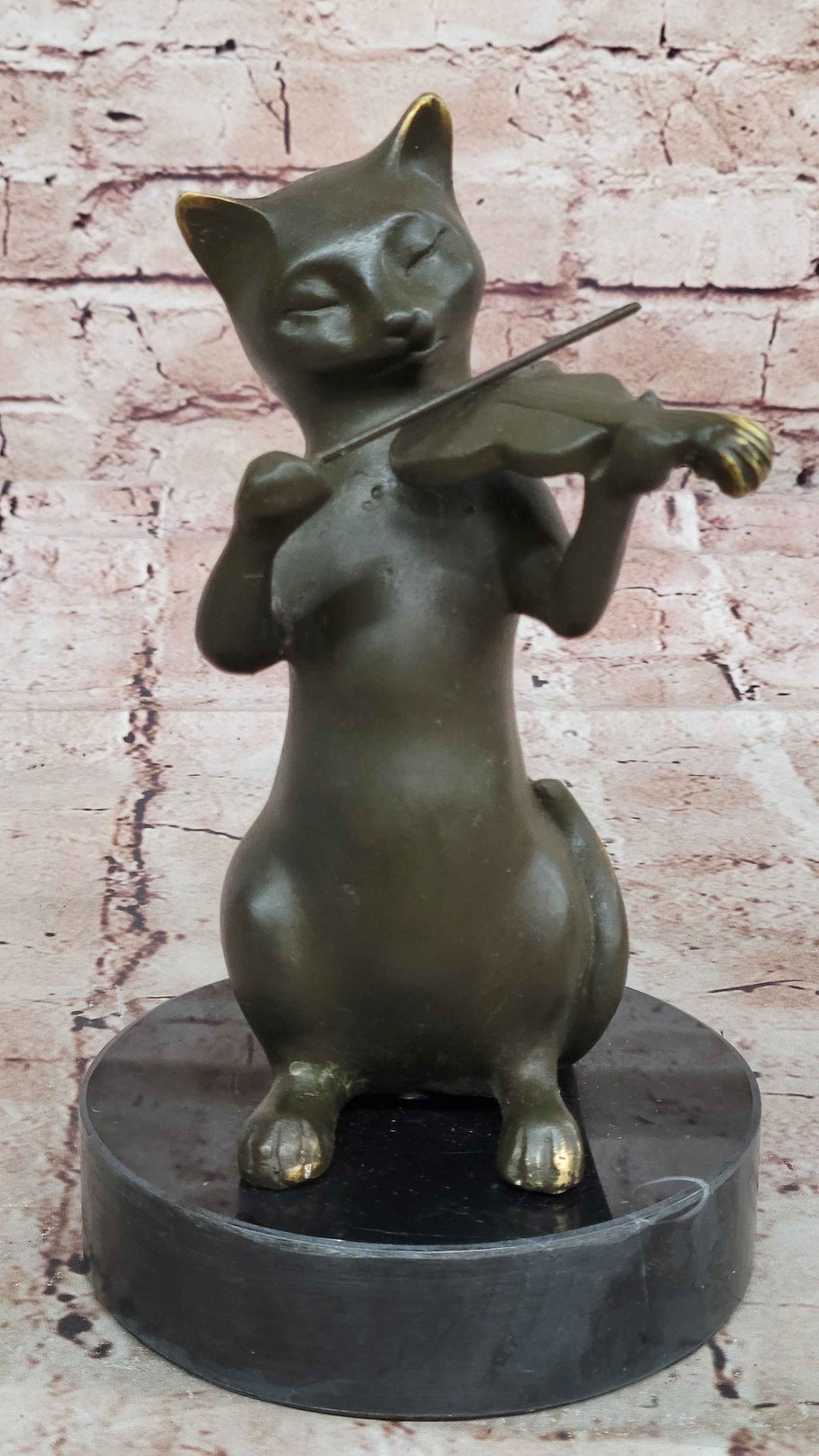 Bronze Cat Playing Violin – Musical Feline Statue on Marble