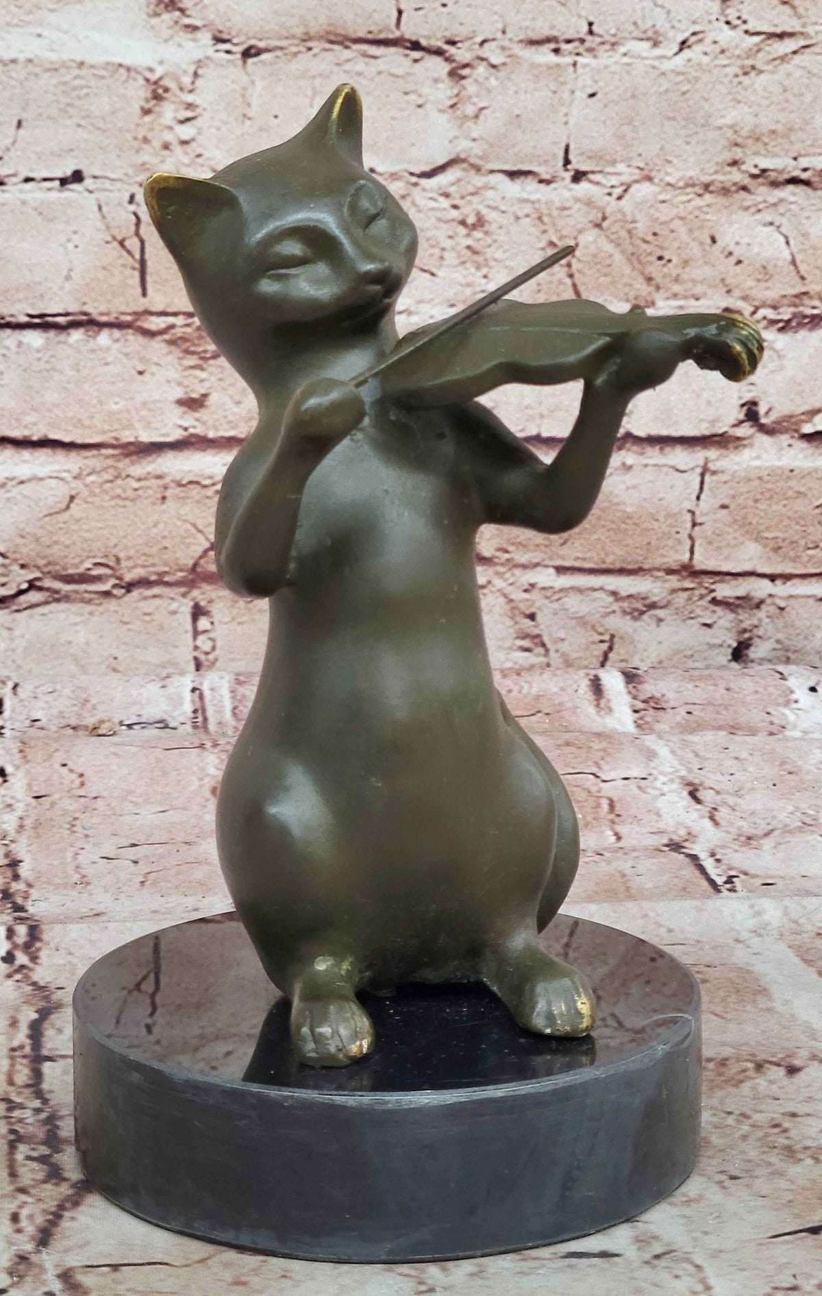 Bronze Cat Playing Violin – Musical Feline Statue on Marble
