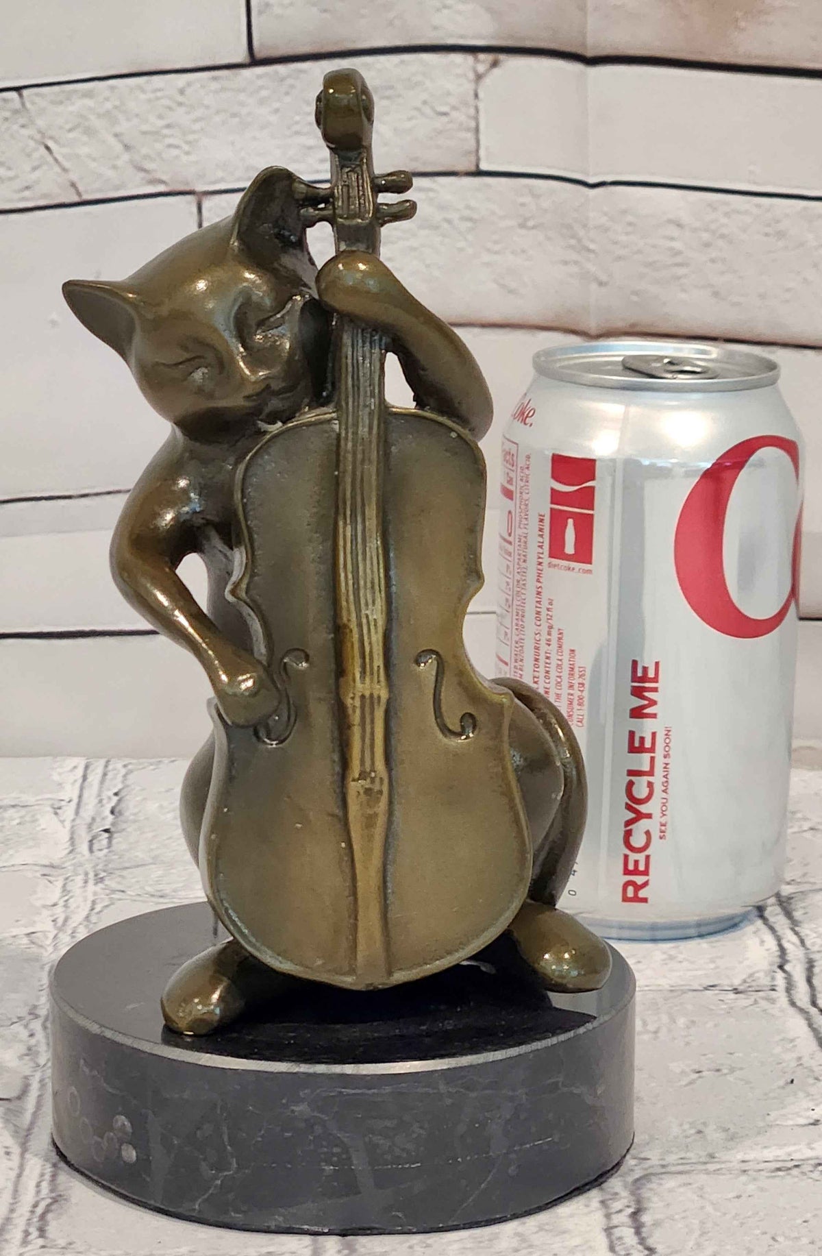 Bronze Cat Playing Cello Statue Musician Animal Figurine