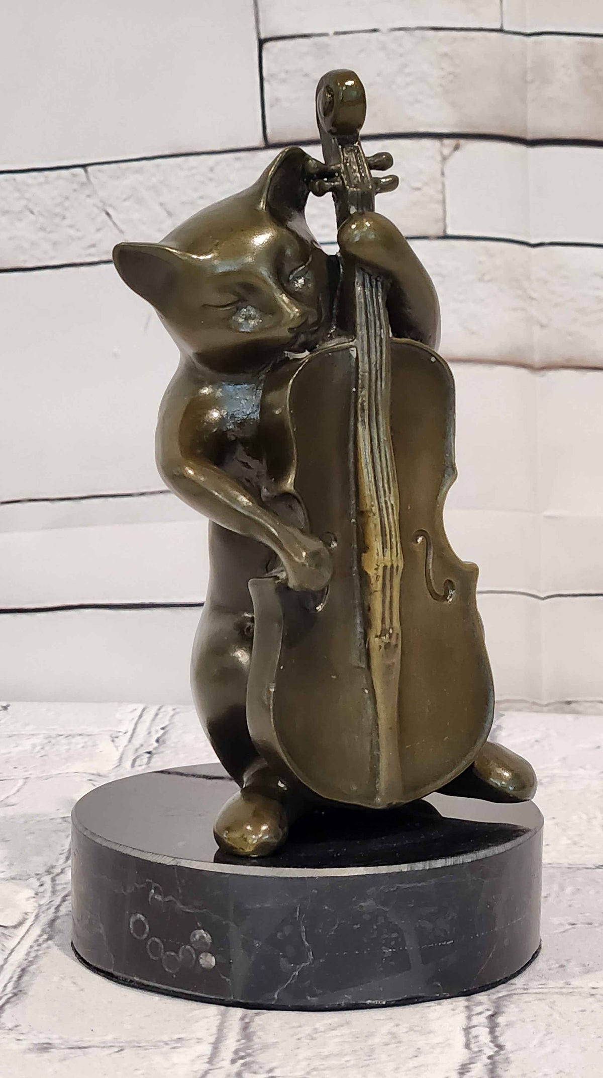 Bronze Cat Playing Cello Statue Musician Animal Figurine