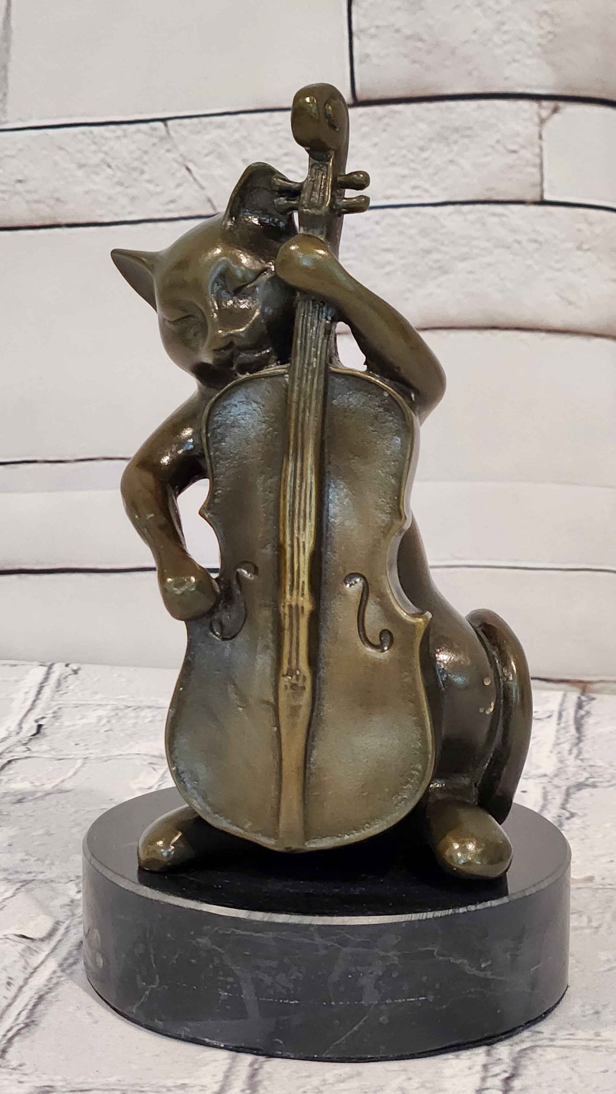 Bronze Cat Playing Cello Statue Musician Animal Figurine