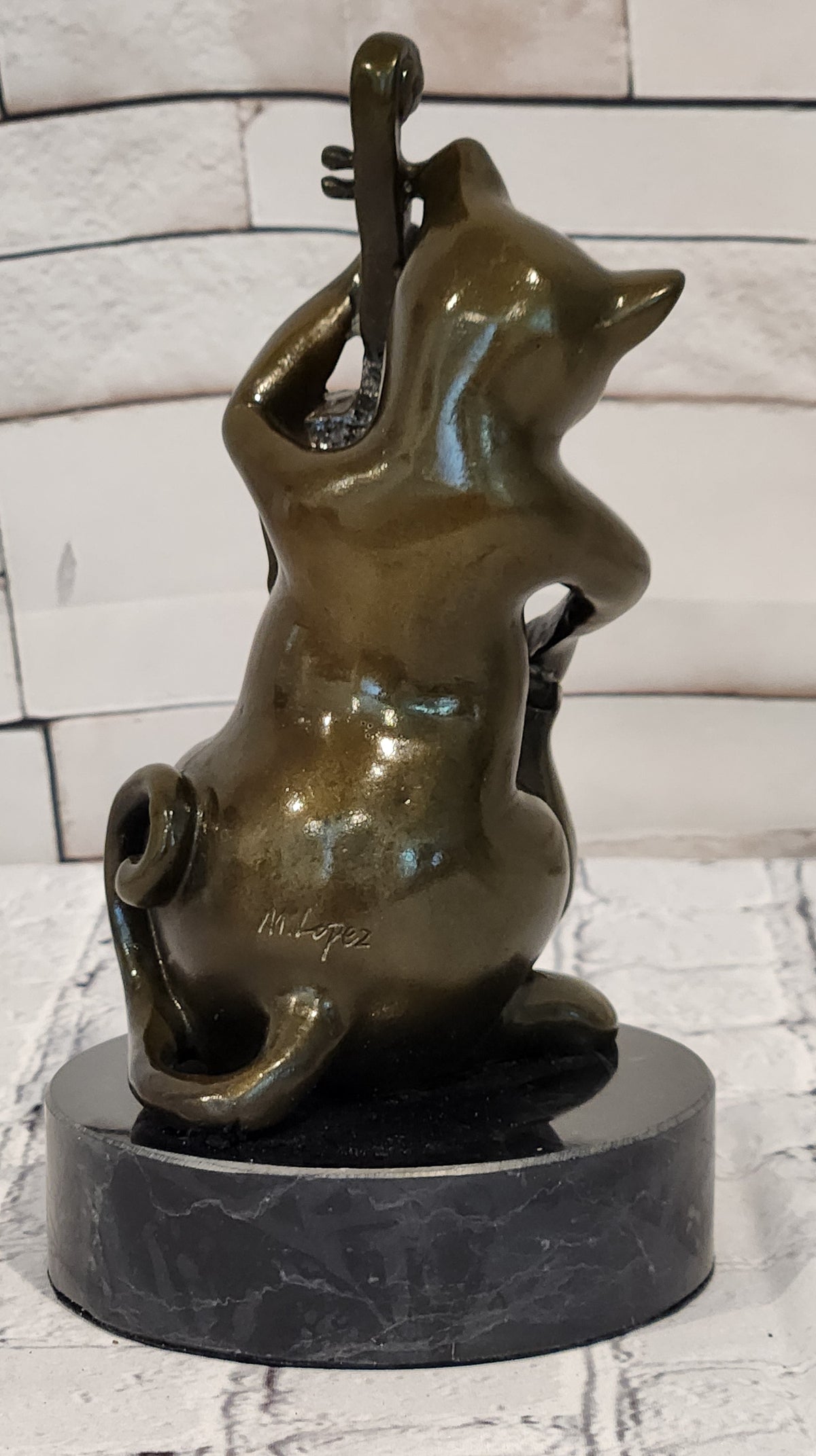 Bronze Cat Playing Cello Statue Musician Animal Figurine