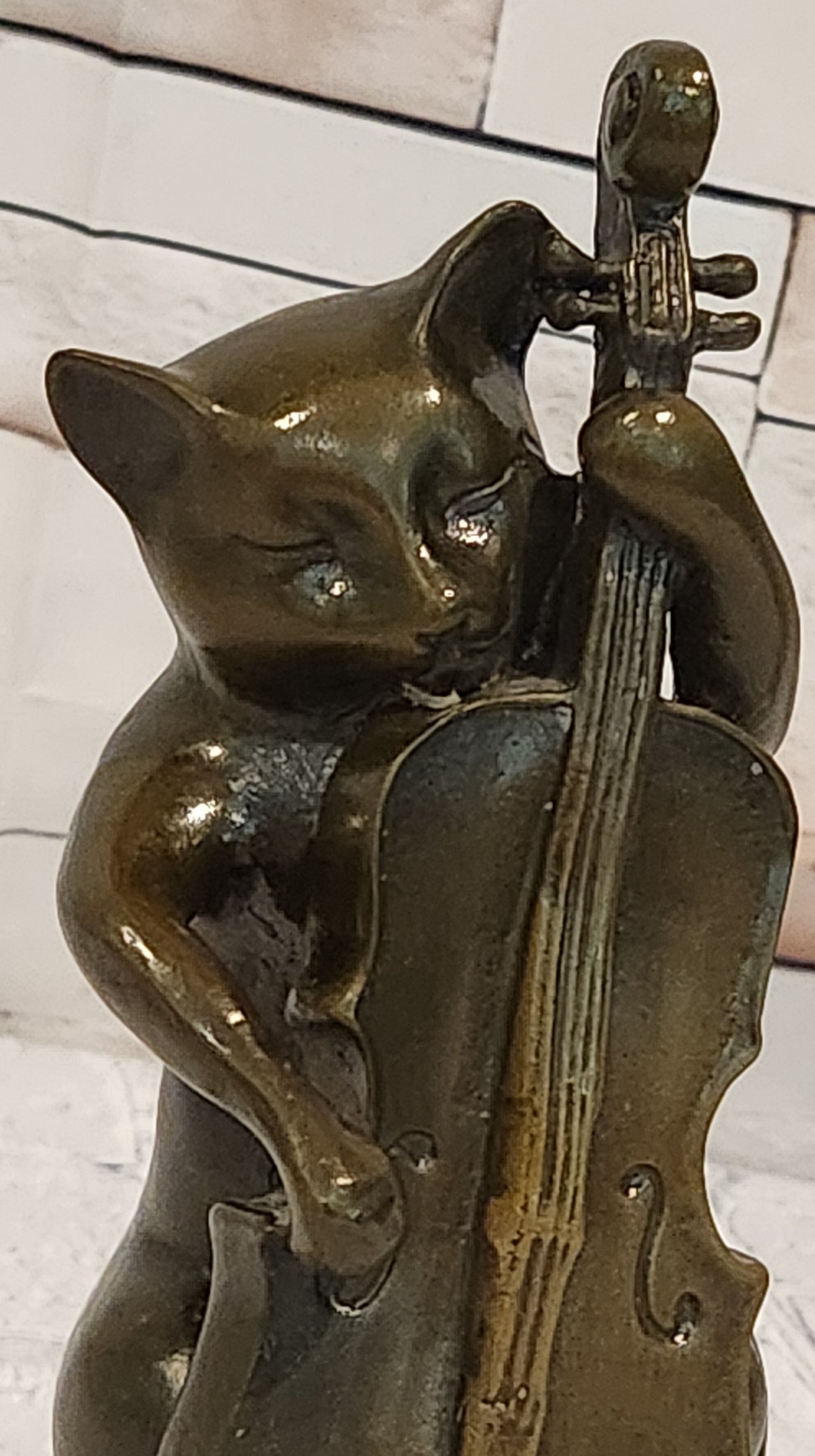 Bronze Cat Playing Cello Statue Musician Animal Figurine