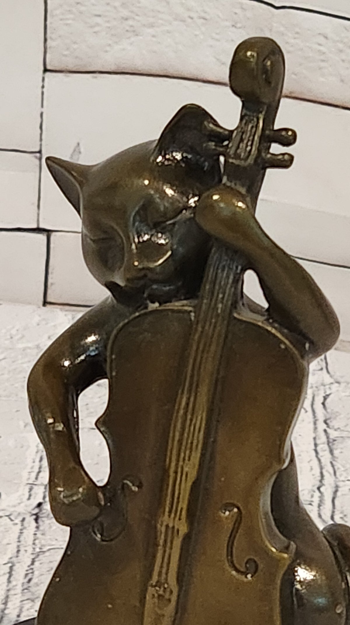Bronze Cat Playing Cello Statue Musician Animal Figurine