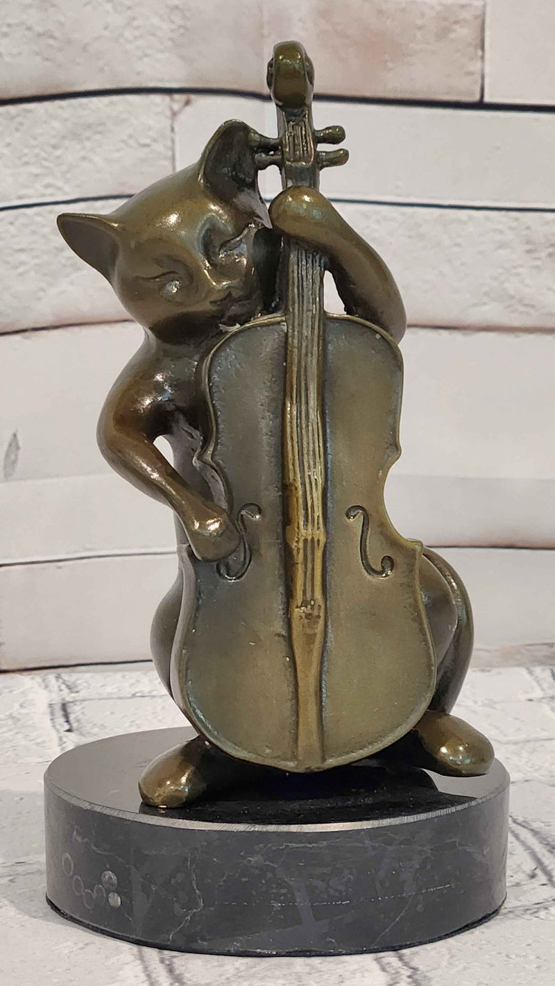 Bronze Cat Playing Cello Statue Musician Animal Figurine