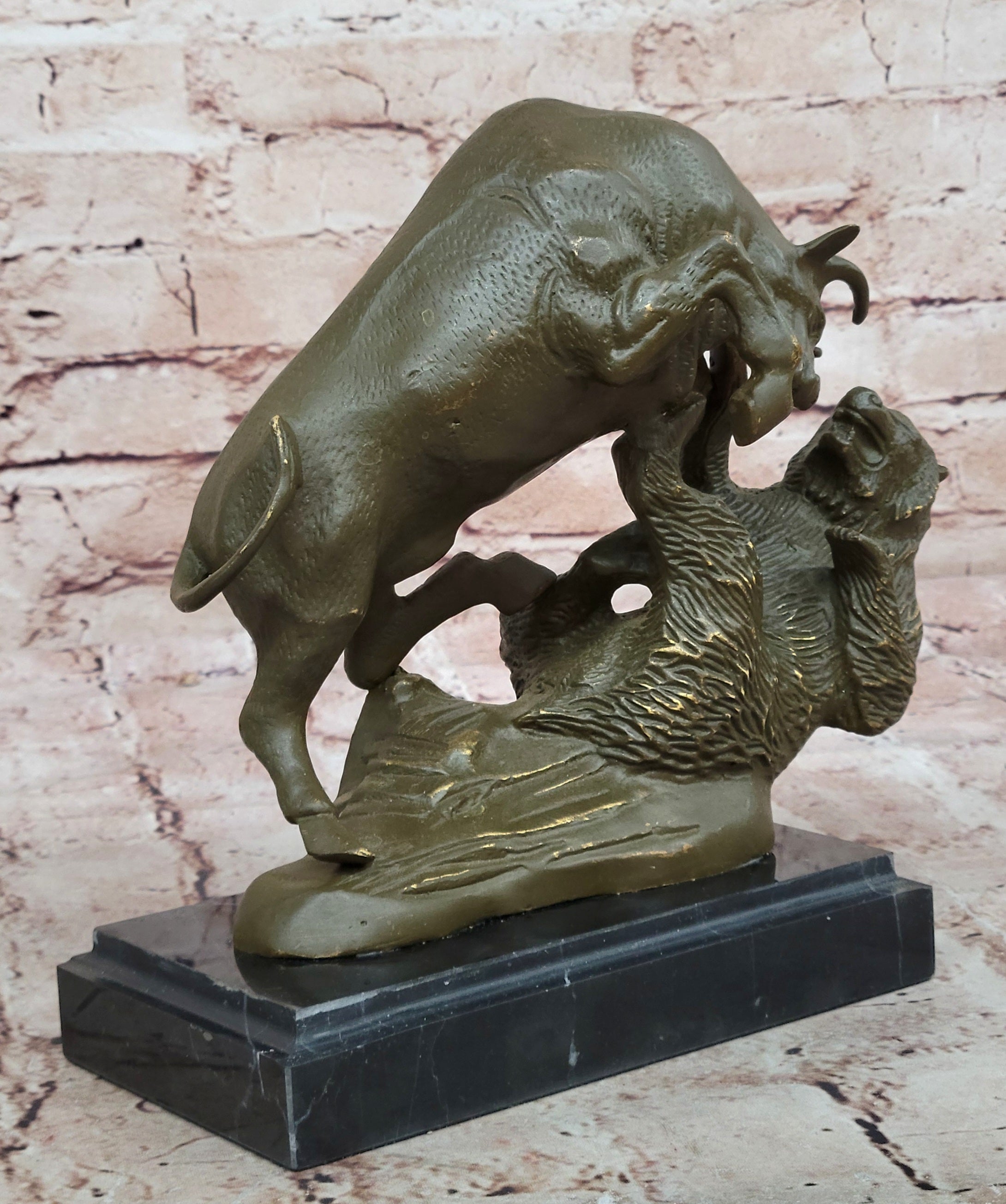 Bull and Bear Bronze Sculpture - Financial Market Symbol Animal Art