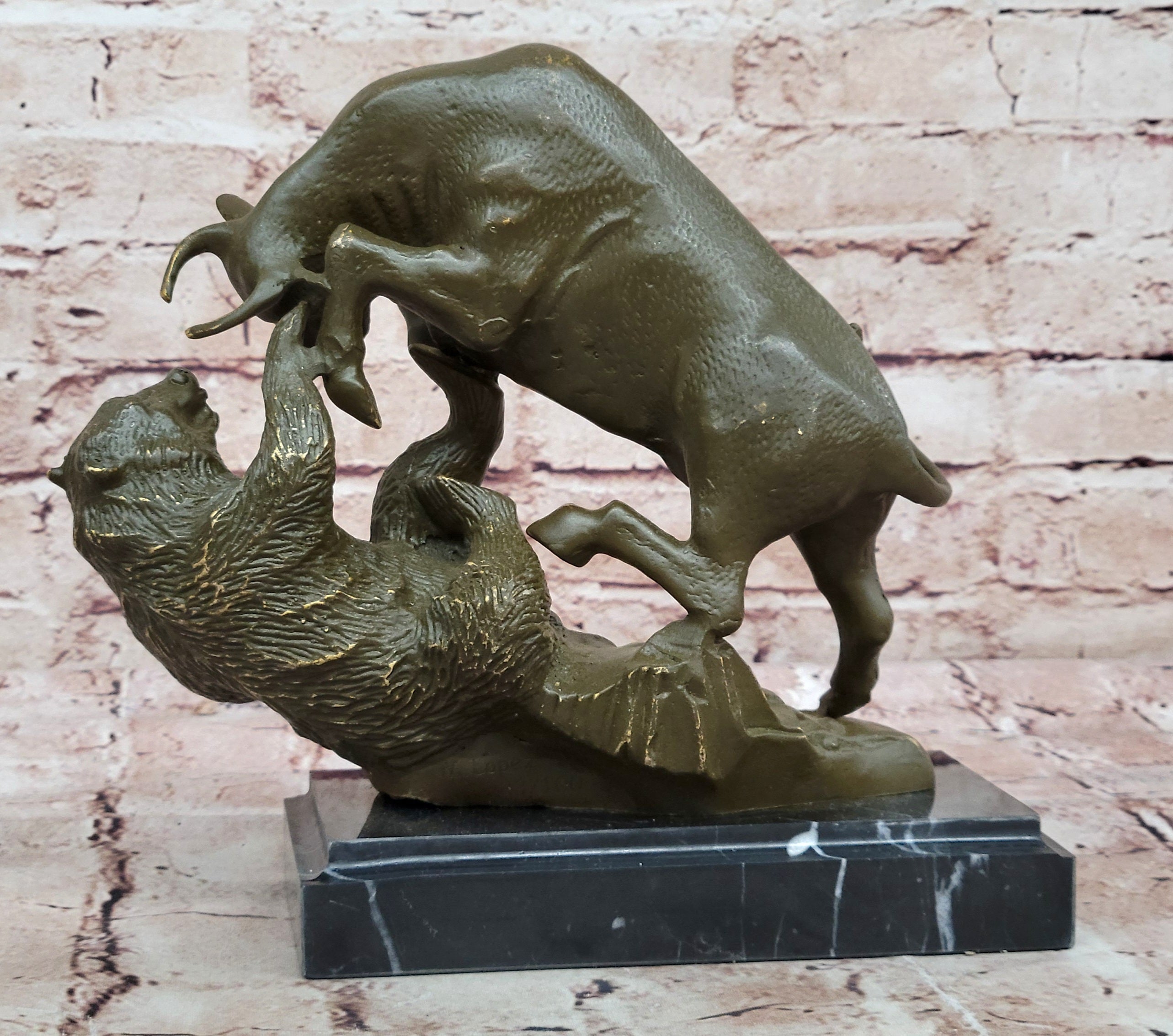 Bull and Bear Bronze Sculpture - Financial Market Symbol Animal Art