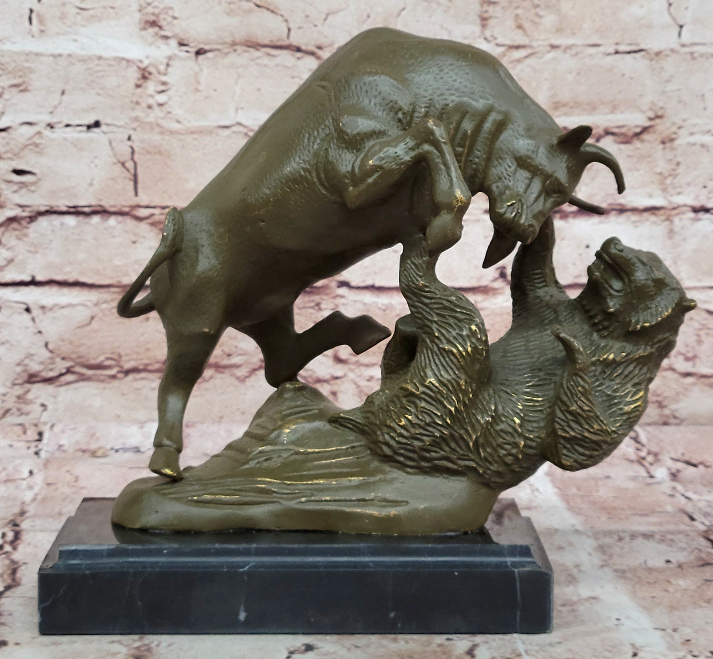 Bull and Bear Bronze Sculpture - Financial Market Symbol Animal Art