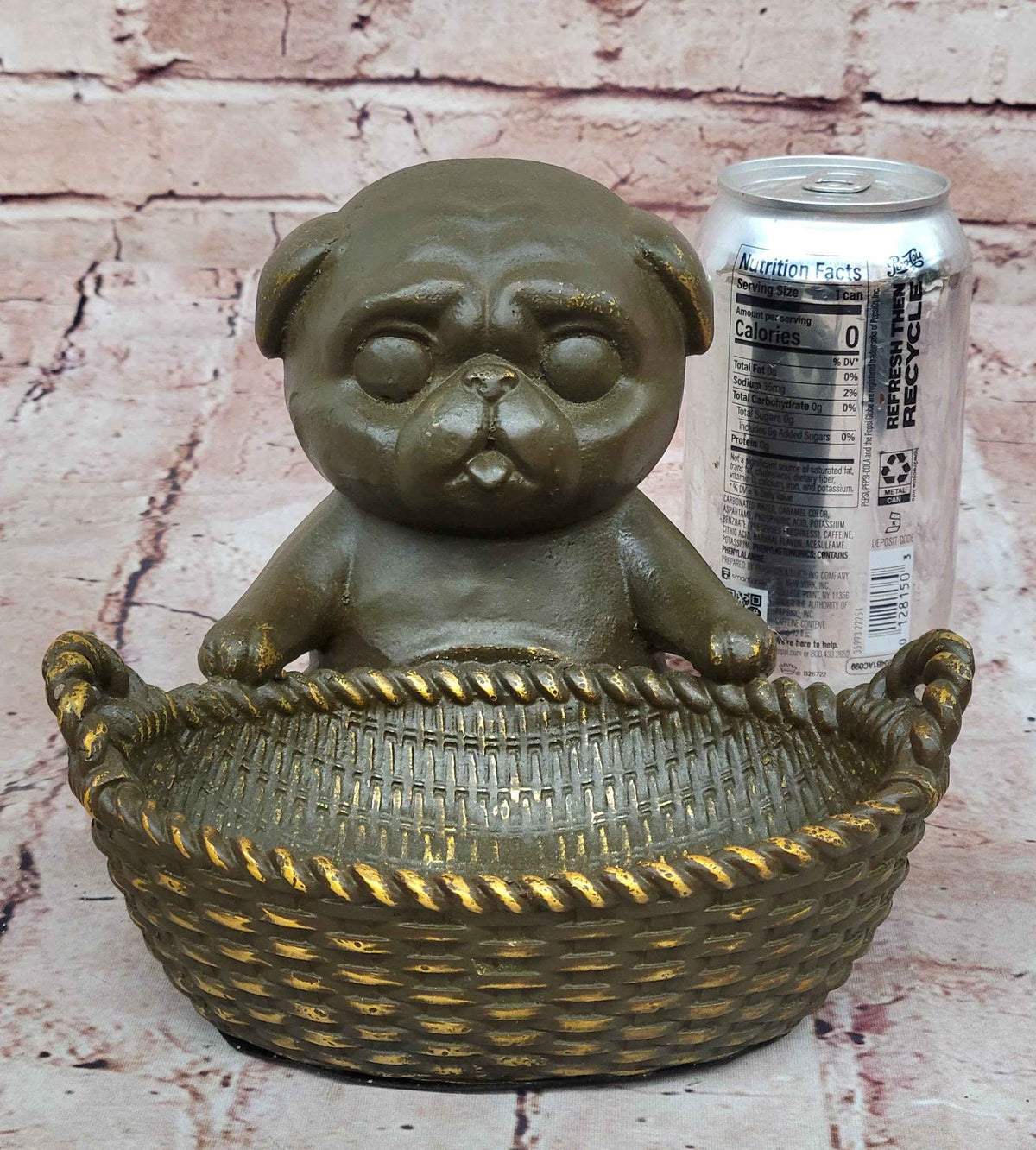 Bronze Pug in Basket Statue - Whimsical Dog Sculpture Decor