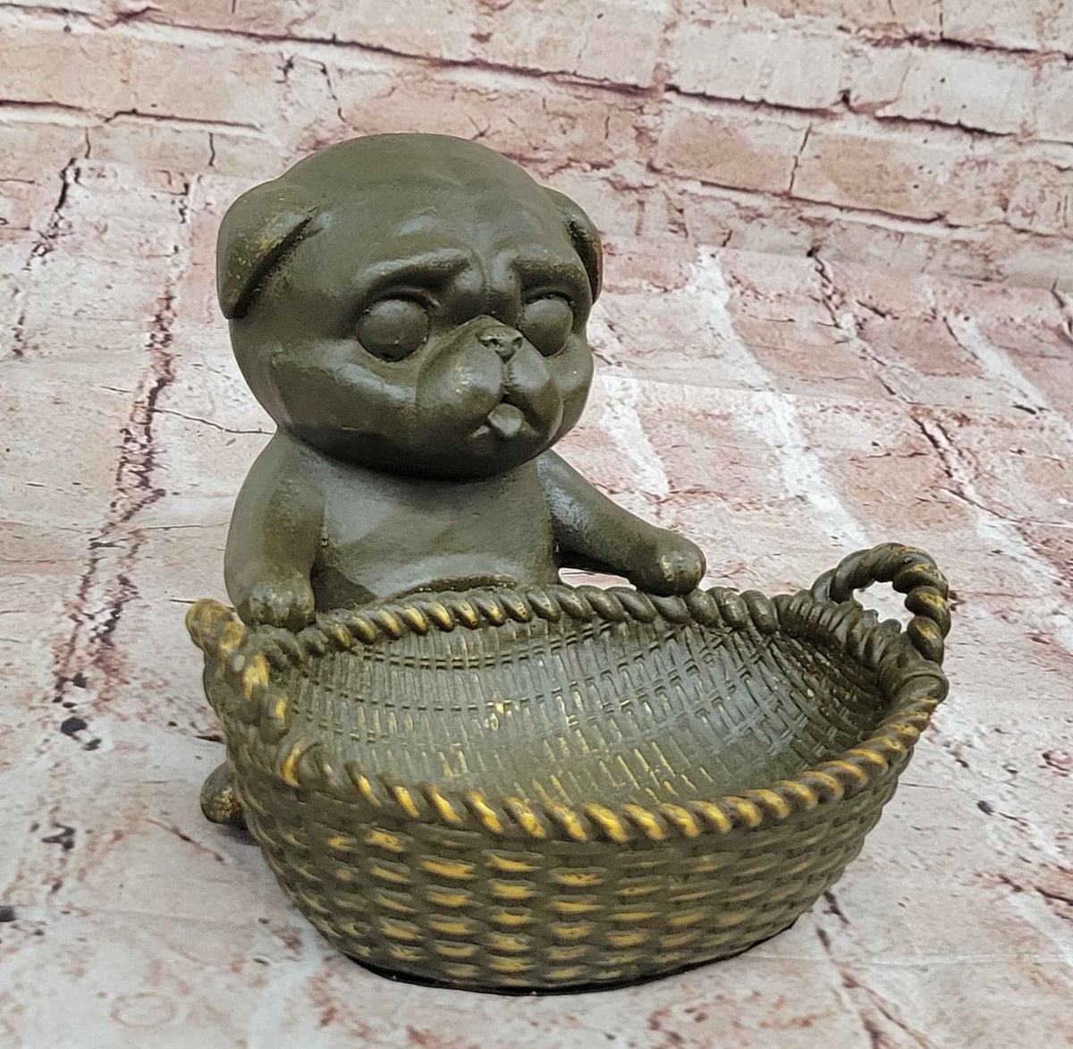 Bronze Pug in Basket Statue - Whimsical Dog Sculpture Decor
