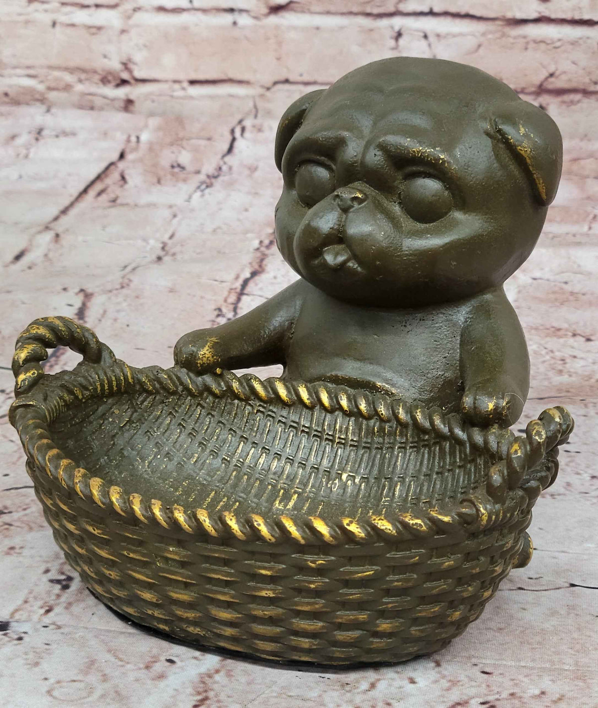 Bronze Pug in Basket Statue - Whimsical Dog Sculpture Decor