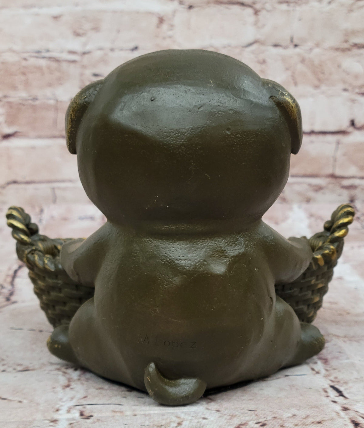 Bronze Pug in Basket Statue - Whimsical Dog Sculpture Decor