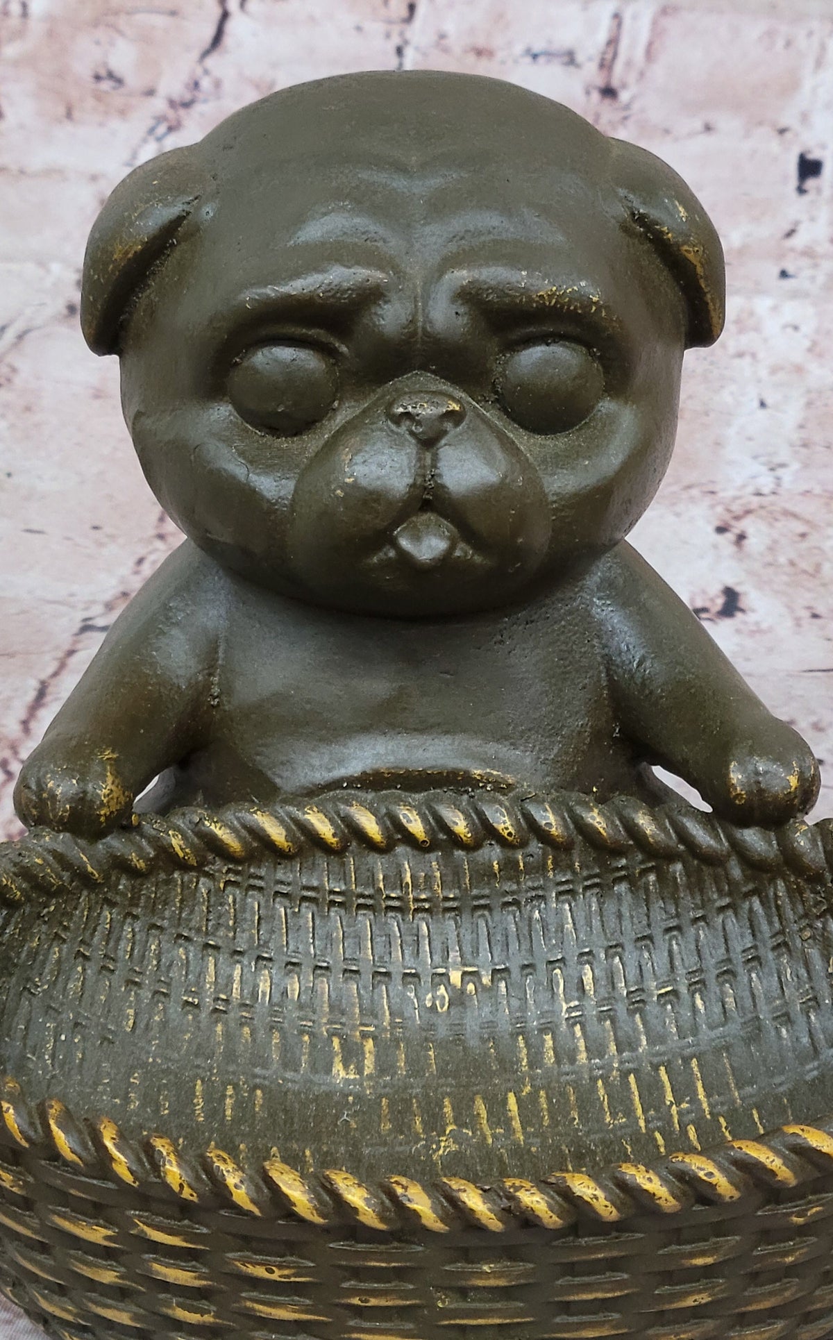 Bronze Pug in Basket Statue - Whimsical Dog Sculpture Decor