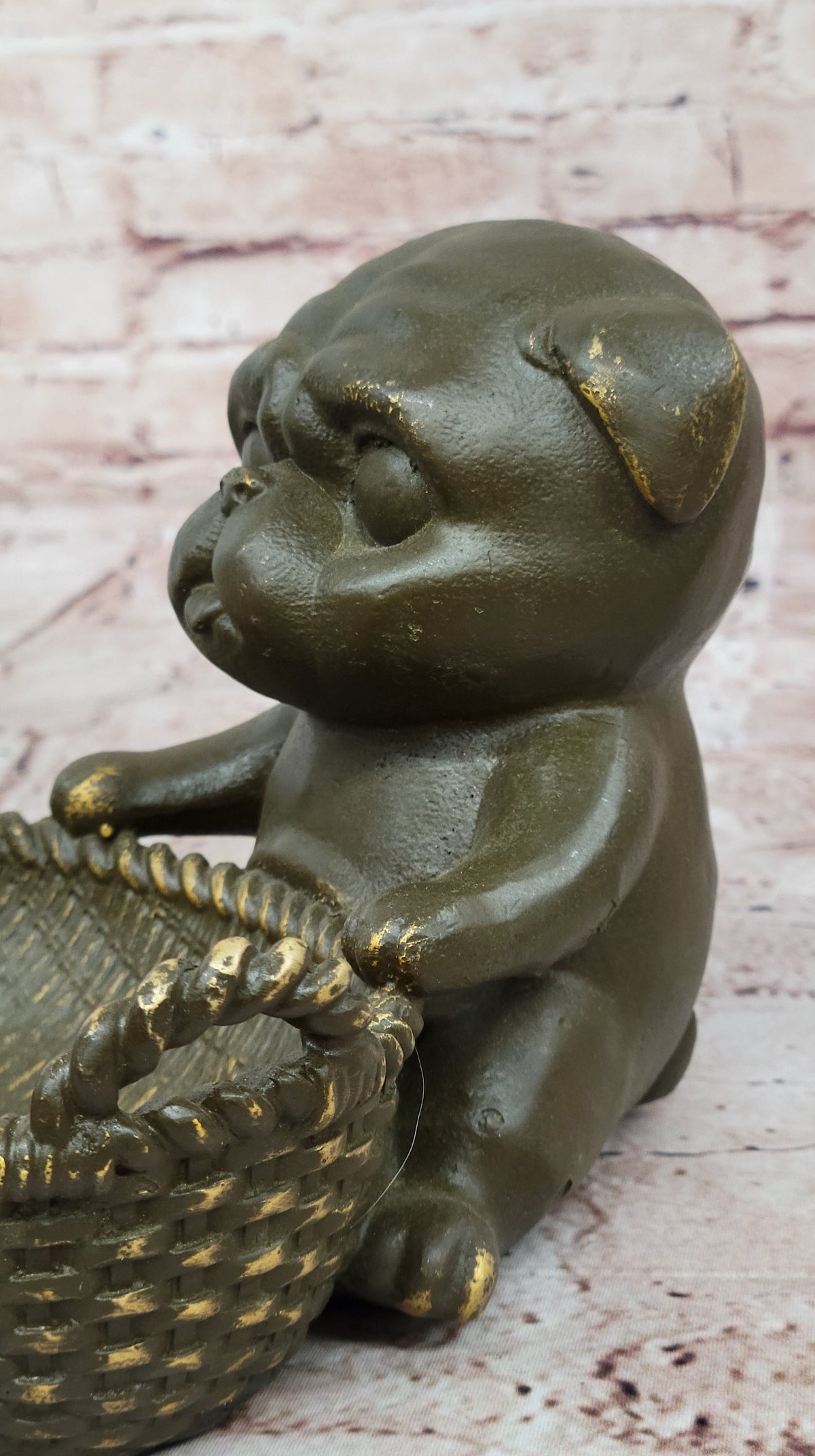 Bronze Pug in Basket Statue - Whimsical Dog Sculpture Decor