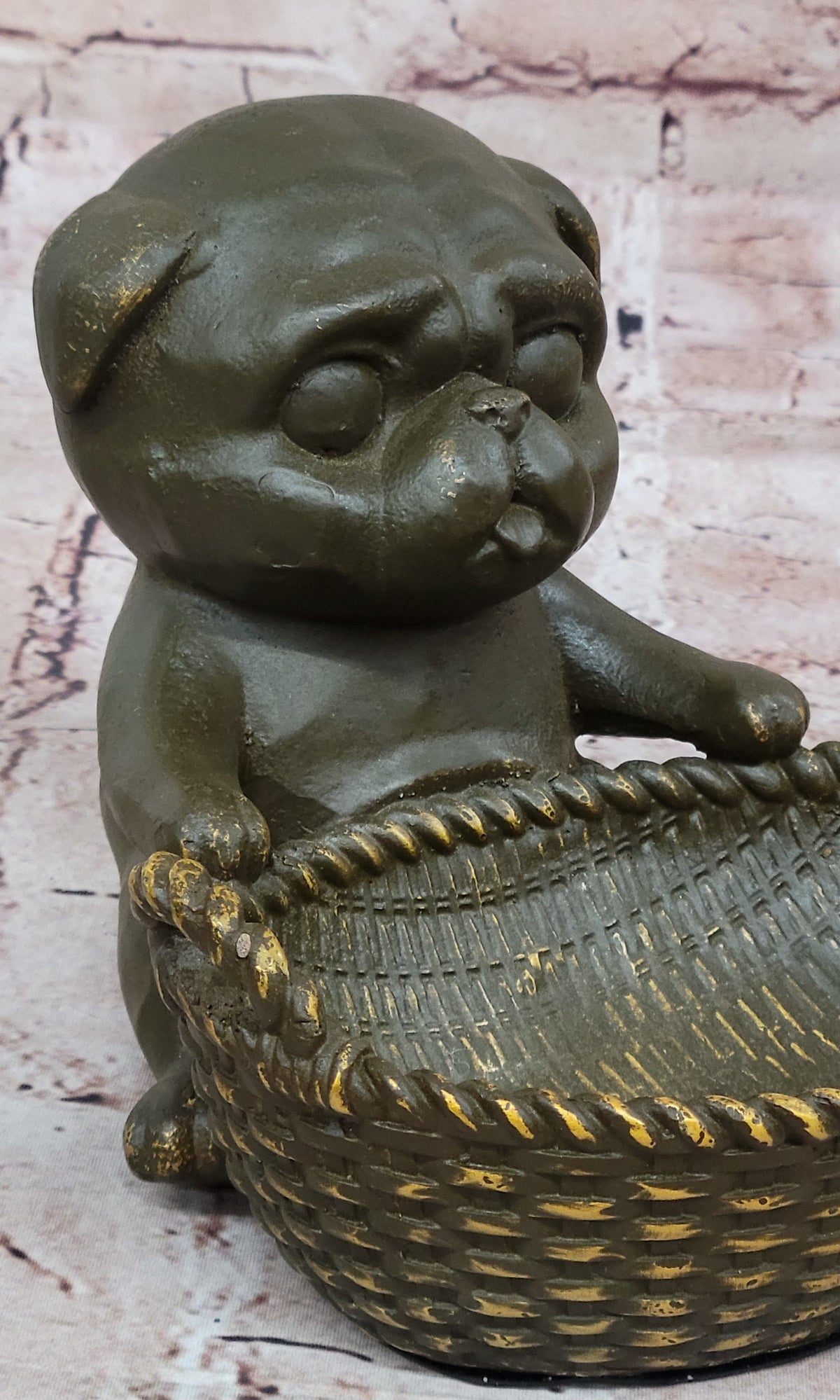 Bronze Pug in Basket Statue - Whimsical Dog Sculpture Decor