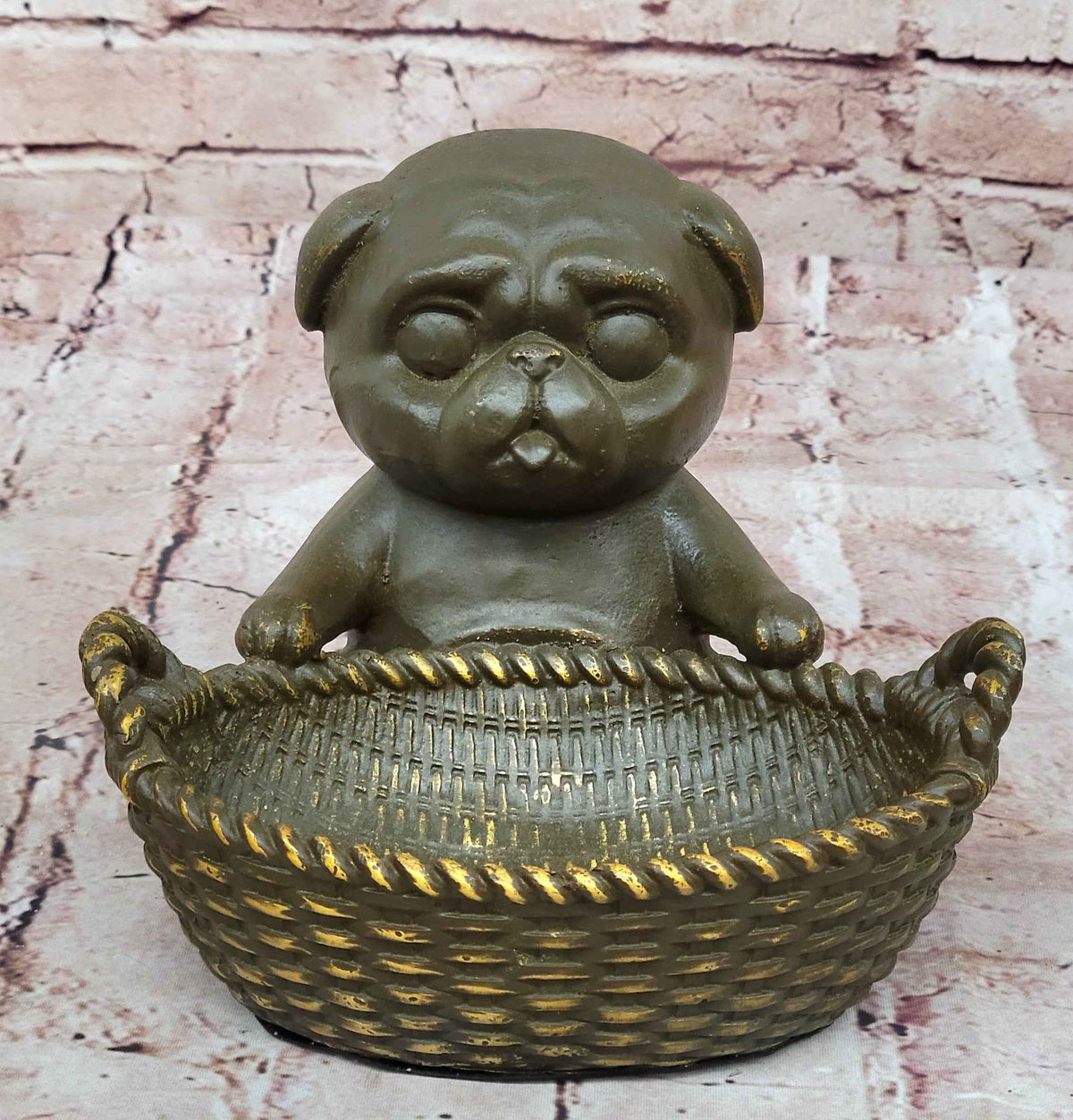 Bronze Pug in Basket Statue - Whimsical Dog Sculpture Decor