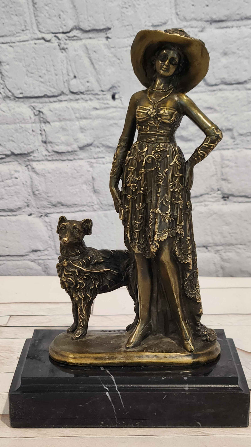 Bronze Fashionable Woman Statue Dog Companion Decor