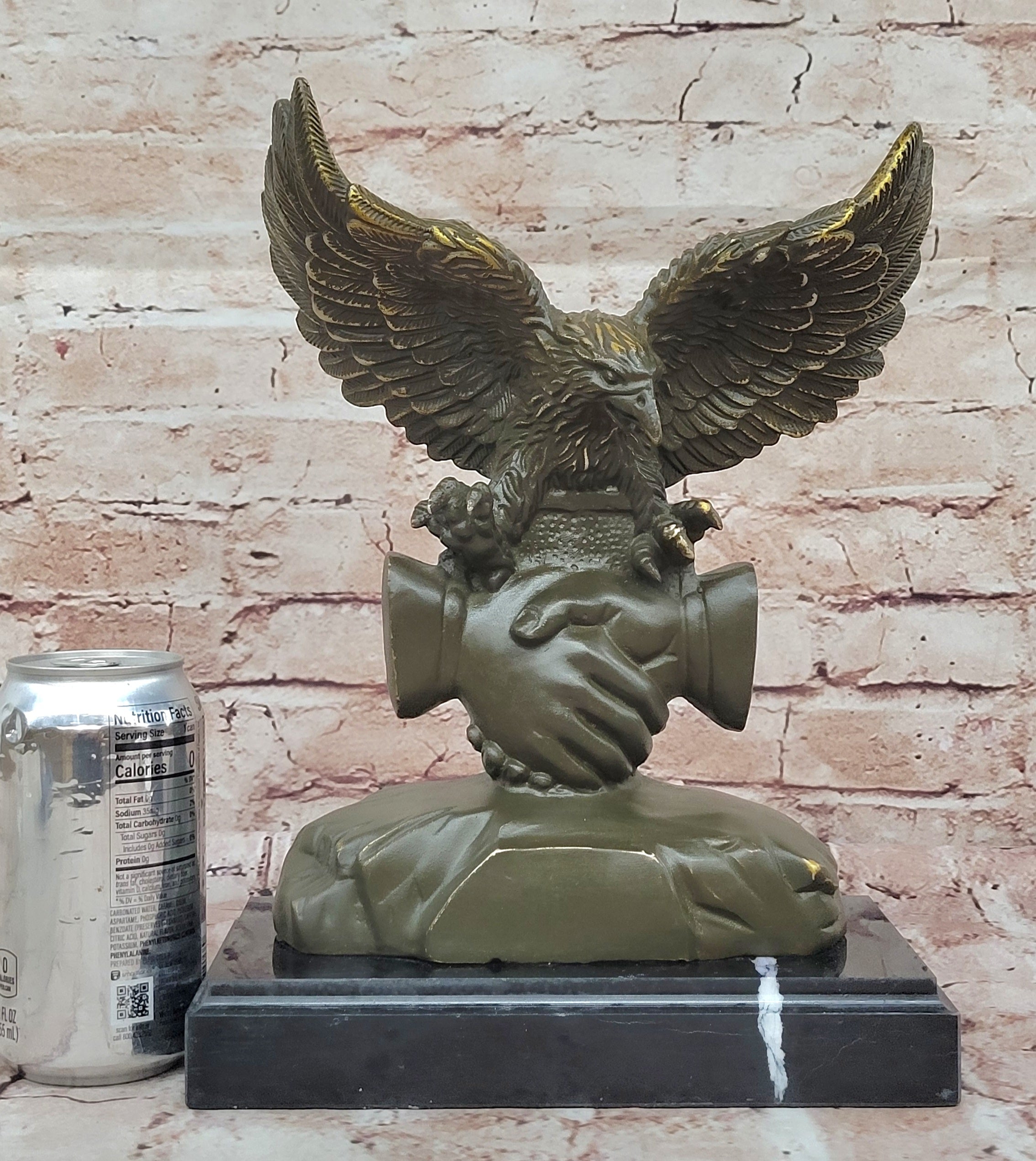 Bronze Eagle and Handshake Statue; Patriotic American Unity Sculpture