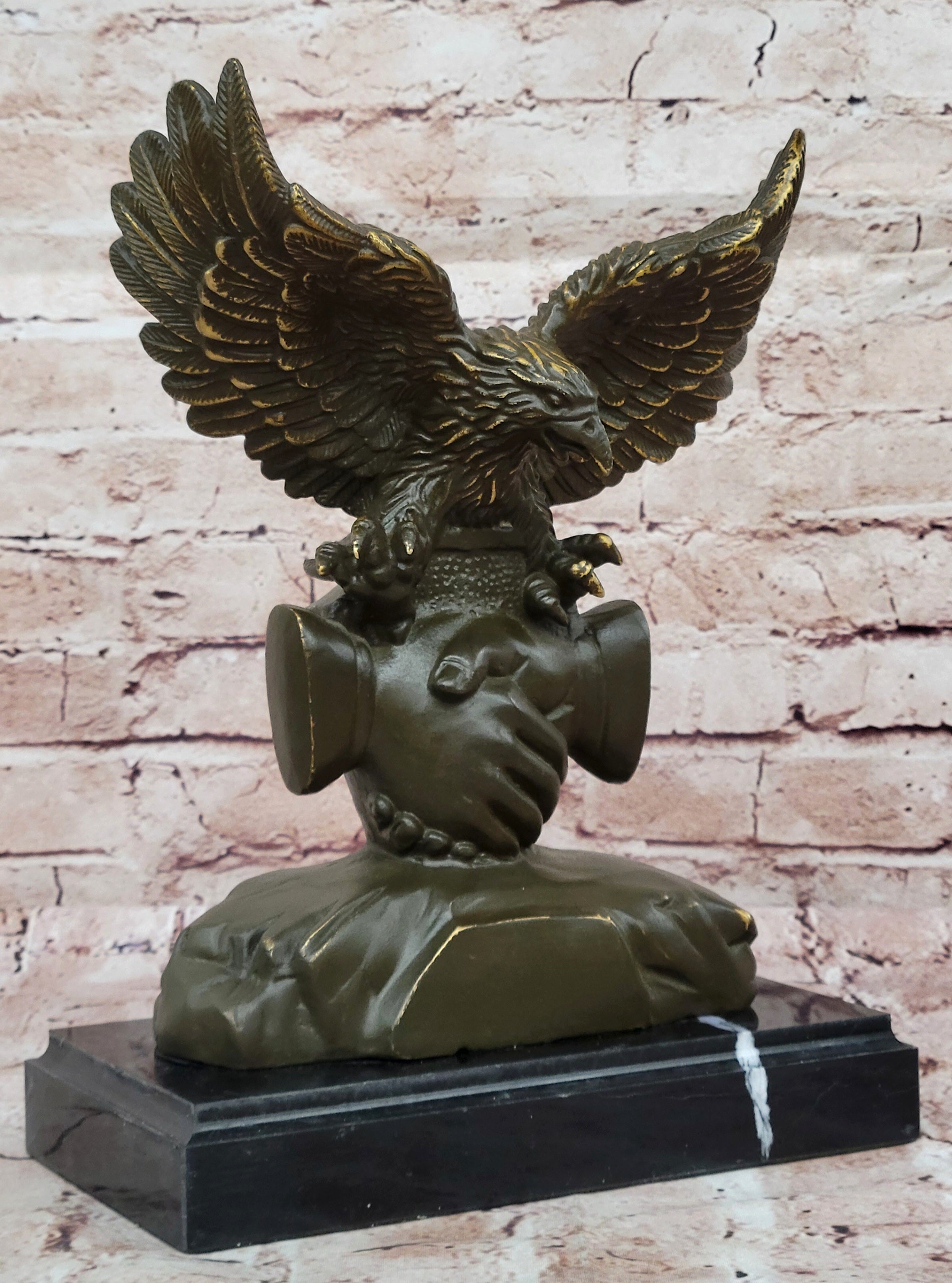 Bronze Eagle and Handshake Statue; Patriotic American Unity Sculpture